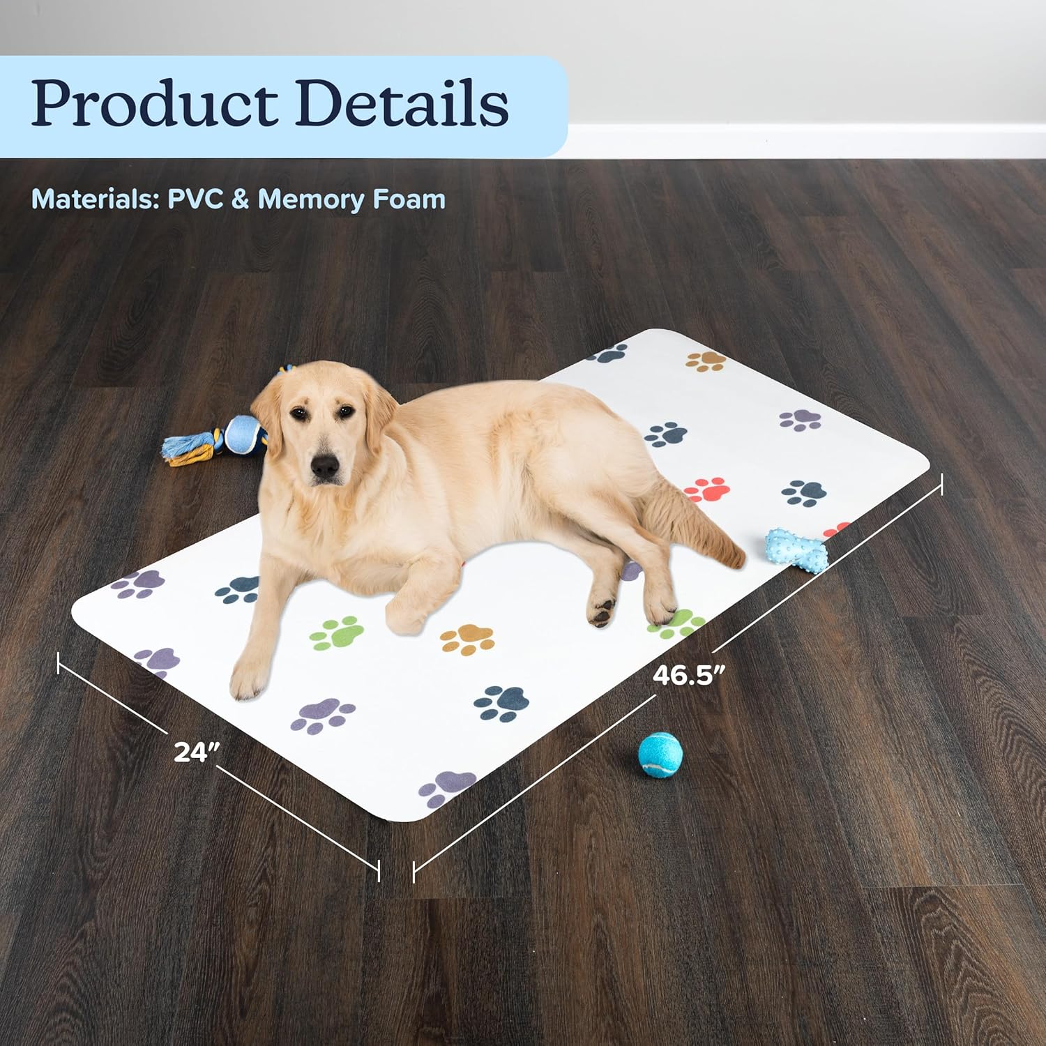 Dog Mat for Food and Water, Crate Pad, and Floor Protector - 55” x 28” Extra Large PVC Memory Foam Pad with Non-Slip Bottom - Stain, Scratch, and Water-Resistant Floor Mat by PETMAKER (Dog Bones)