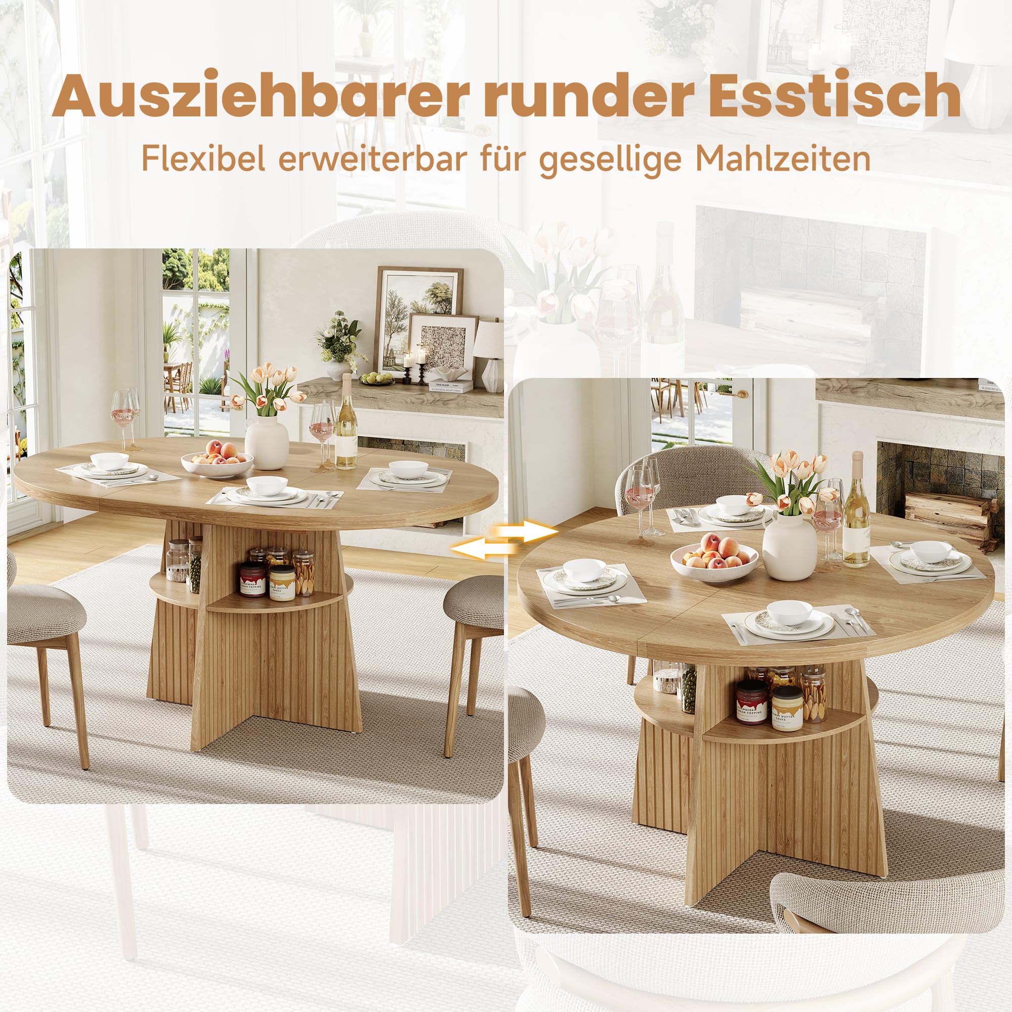 Mesa de comedor redonda extensible, 110-150 x 110 x 77,5 cm, ahorra espacio, para 2-8 personas, con tablero extensible y estante integrado, mesa moderna de madera en aspecto natural, natural