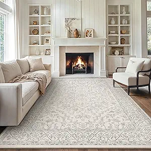 GENIMO 10x14 Area Rugs for Living Room, Machine Washable Non Slip Vintage Rugs, Low Pile Lightweight Chenille Print Rug for Bedroom, Dining Room, Home Office, Beige Line