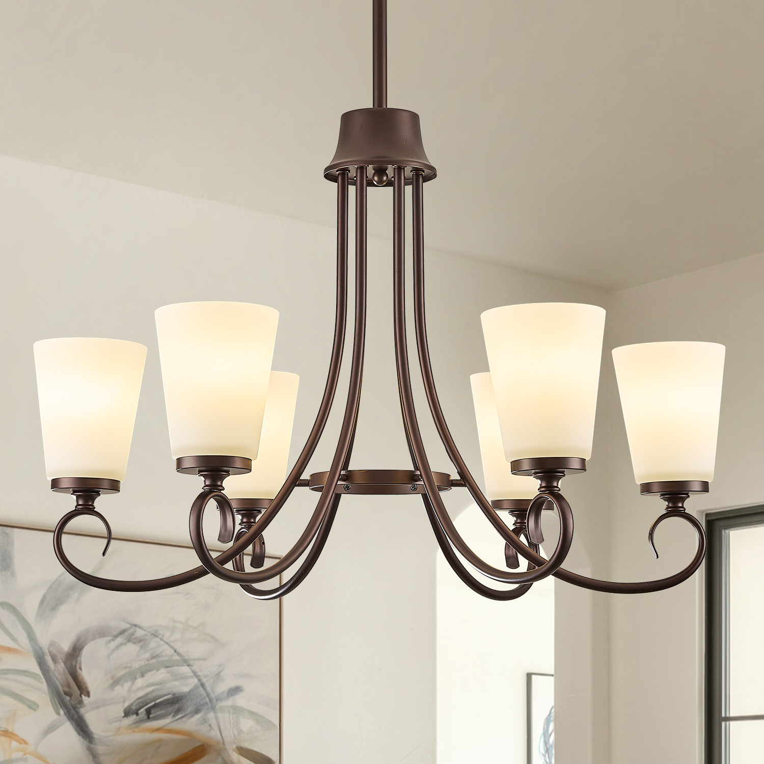 Image of Brushed Nickel Farmhouse Chandelier Rustic Dinner Room Chandelier with Frosted Milky White Glass Lampshade Silver Durable Metal Ceiling Hanging Light Fixture for Kitchen Island Living Room Over Table