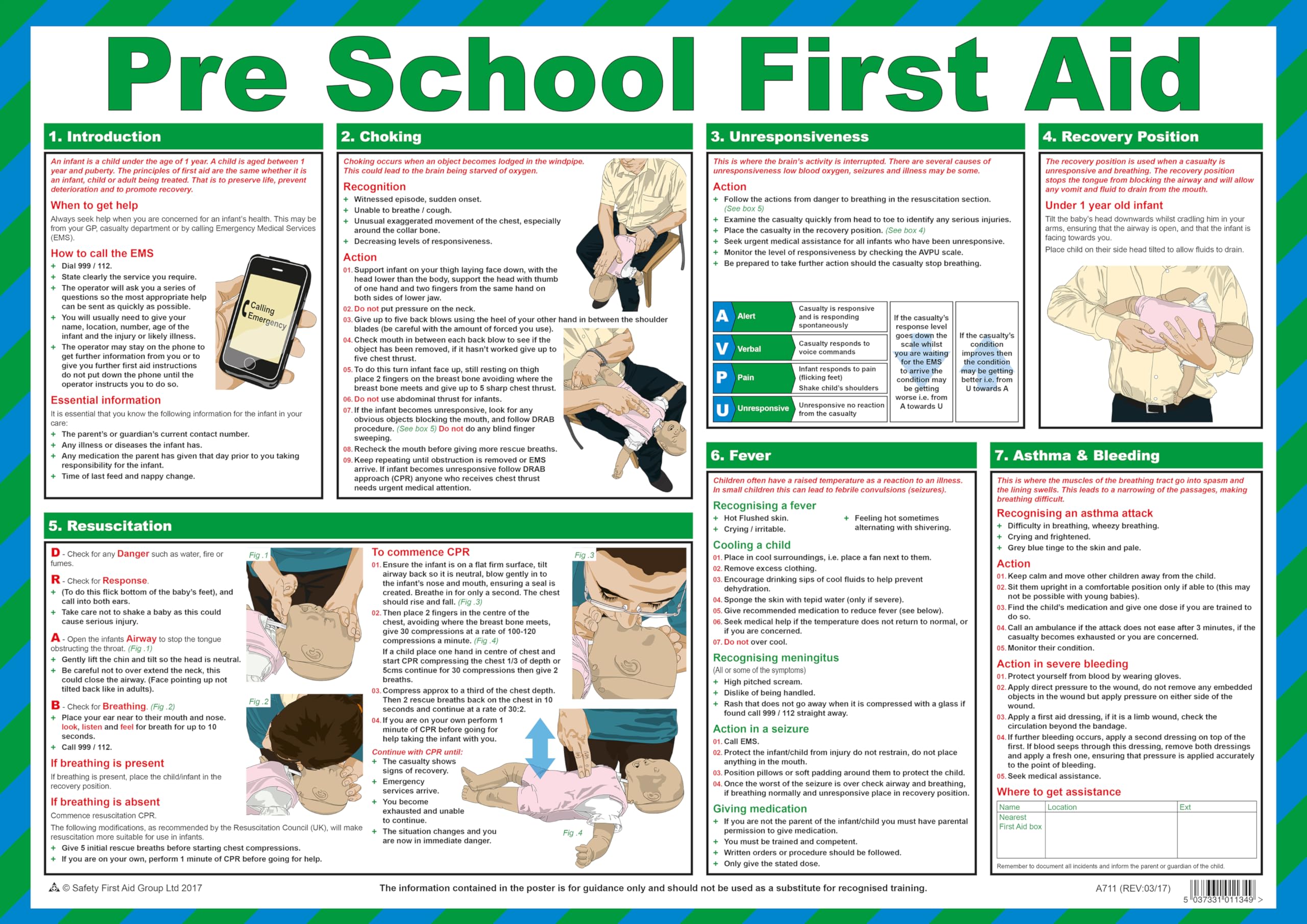 Safety First Aid Group Group Pre School First Aid Poster, Laminated, 59x42cm