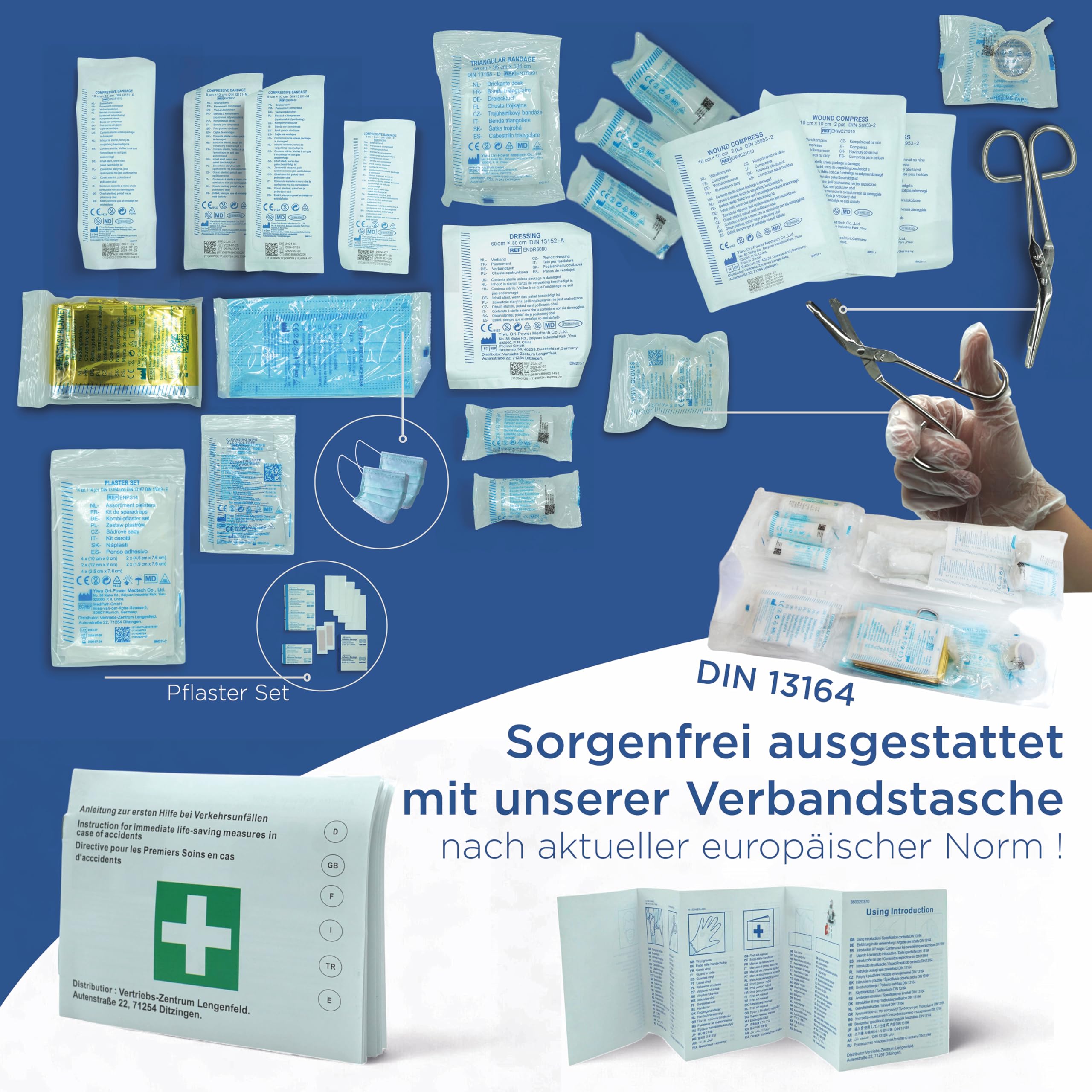 VZL Kit di pronto soccorso auto 2026 approvato TÜV, con triangolo di avvertimento e giubbotti di sicurezza auto – kit di pronto soccorso auto 2026 (blu)