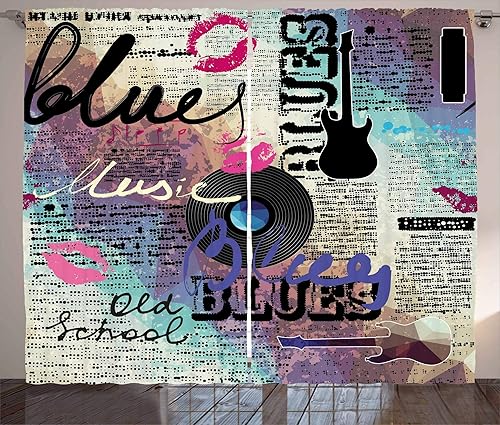 Ambesonne Cortinas de periódico antiguo, estilo retro blues musical, disco antiguo, guitarras eléctricas, inscripciones, grunge, sala de estar,