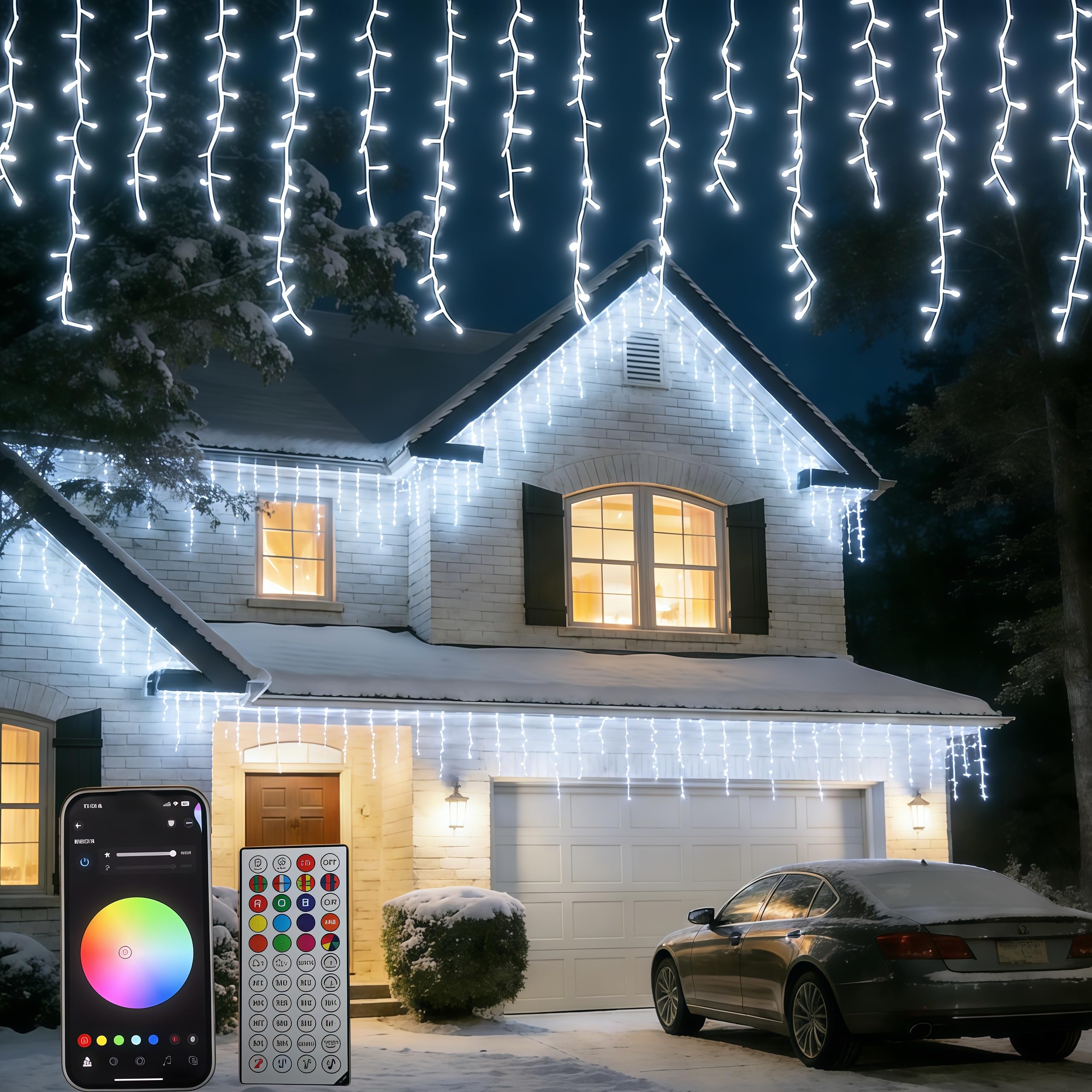 QINER Icicle Lights Rideau, 13 M Inteligentes Guirnalda Luminosa Exterior, 400 LEDs Deco Noel, 16 Millones de Colores con 40 Modos, Decoración de Boda, Halloween, Navidad