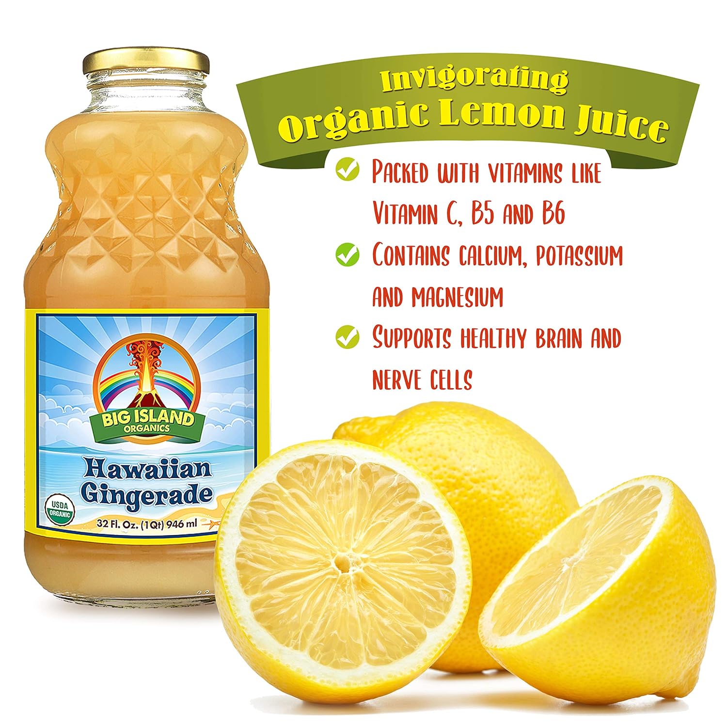 Big Island Organics Hawaiian Gingerade Made with 100% USDA Organic Ginger Juice & Lemon Juice Natural Remedy with Fresh Ginger Juice 32 oz (Single Bottle)