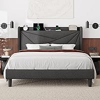 Vista 19 de Feonase Base de cama de tamaño individual con estación de carga, base de cama tapizada de lino con cabecera con respaldo de ala, soporte de listones