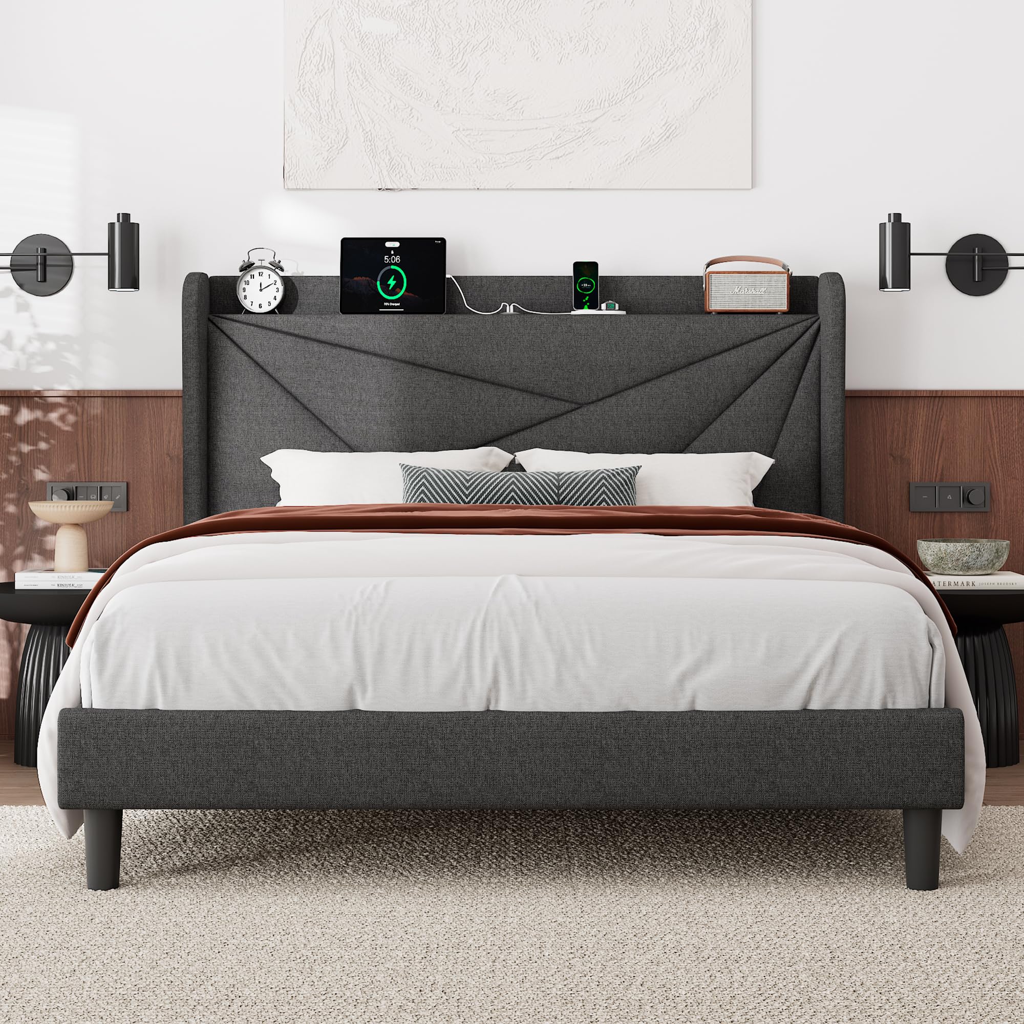 Photo 1 of ***MISSING HARDWARE******Feonase Full Size Bed Frame with Charging Station - Charcoal Grey