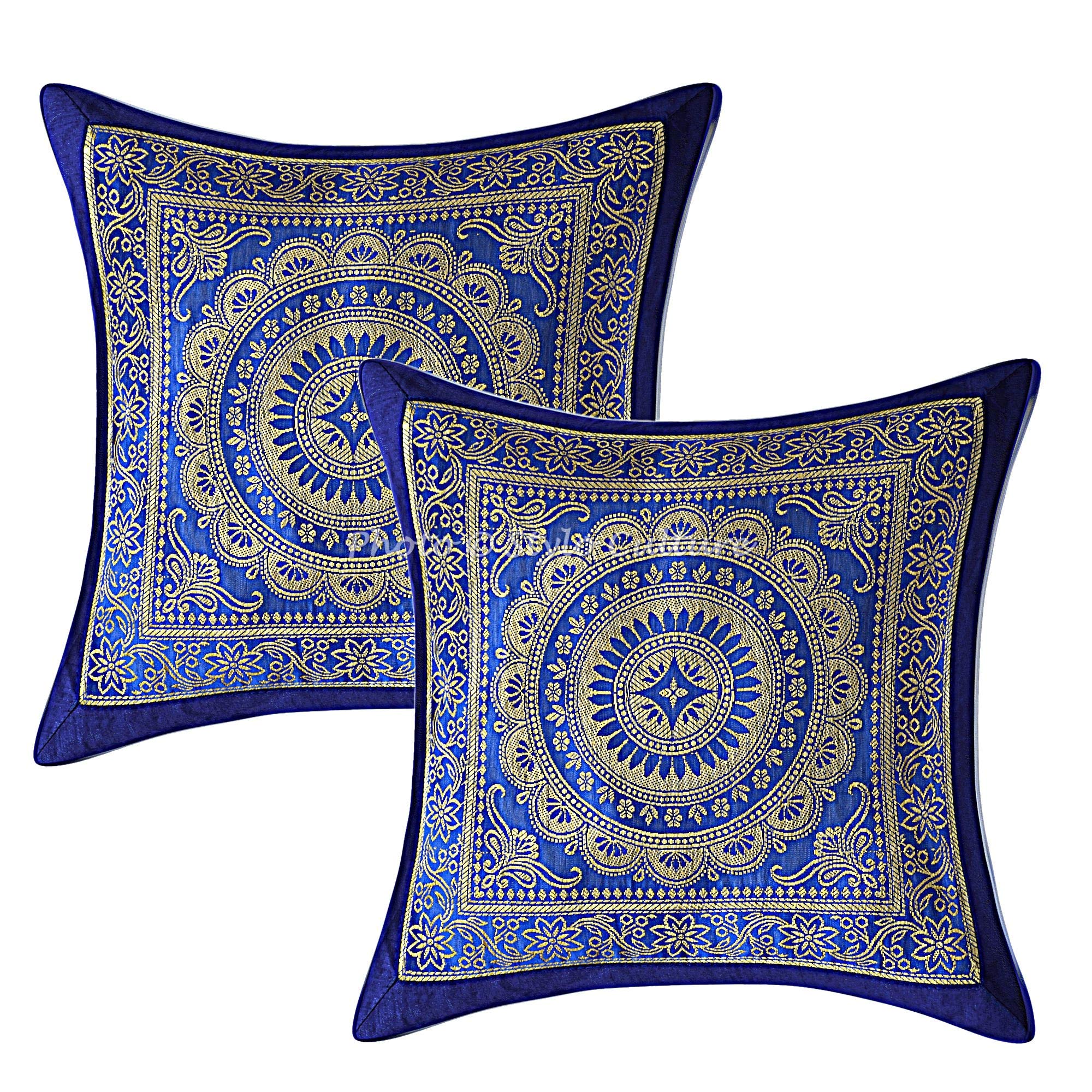Fodere Per Cuscini Quadrate 30x30 Cm - Set Da 2 Pezzi In Broccato Jacquard Blu Navy E Oro Con Elefante - Stylo Culture Indiano