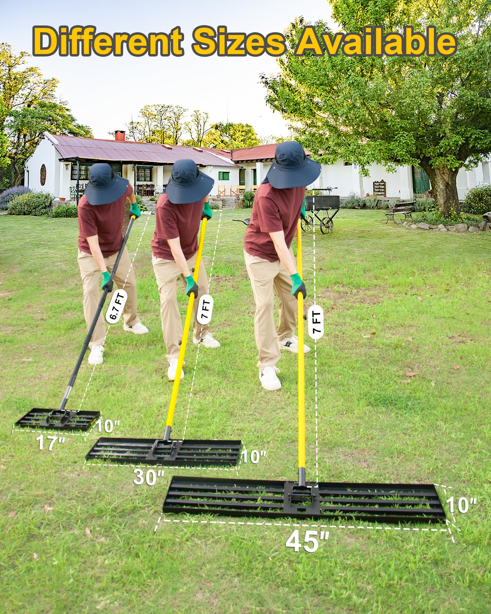 Rastrillo de nivelación de césped, herramienta de nivelación de arena resistente de 17 x 10 pulgadas con mango largo de acero inoxidable de 6.7 pies, rastrillo de golf para tierra, compost