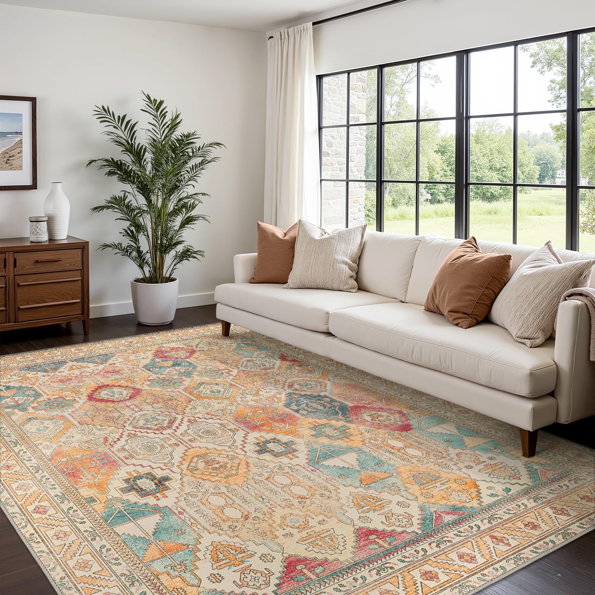 Bavni Washable Rug 5x7 Area Rug for Living Room Bedroom Dining, Washable Vintage Print Carpet, Ultra-Thin Chenille Low Pile Lightweight Rug with Non