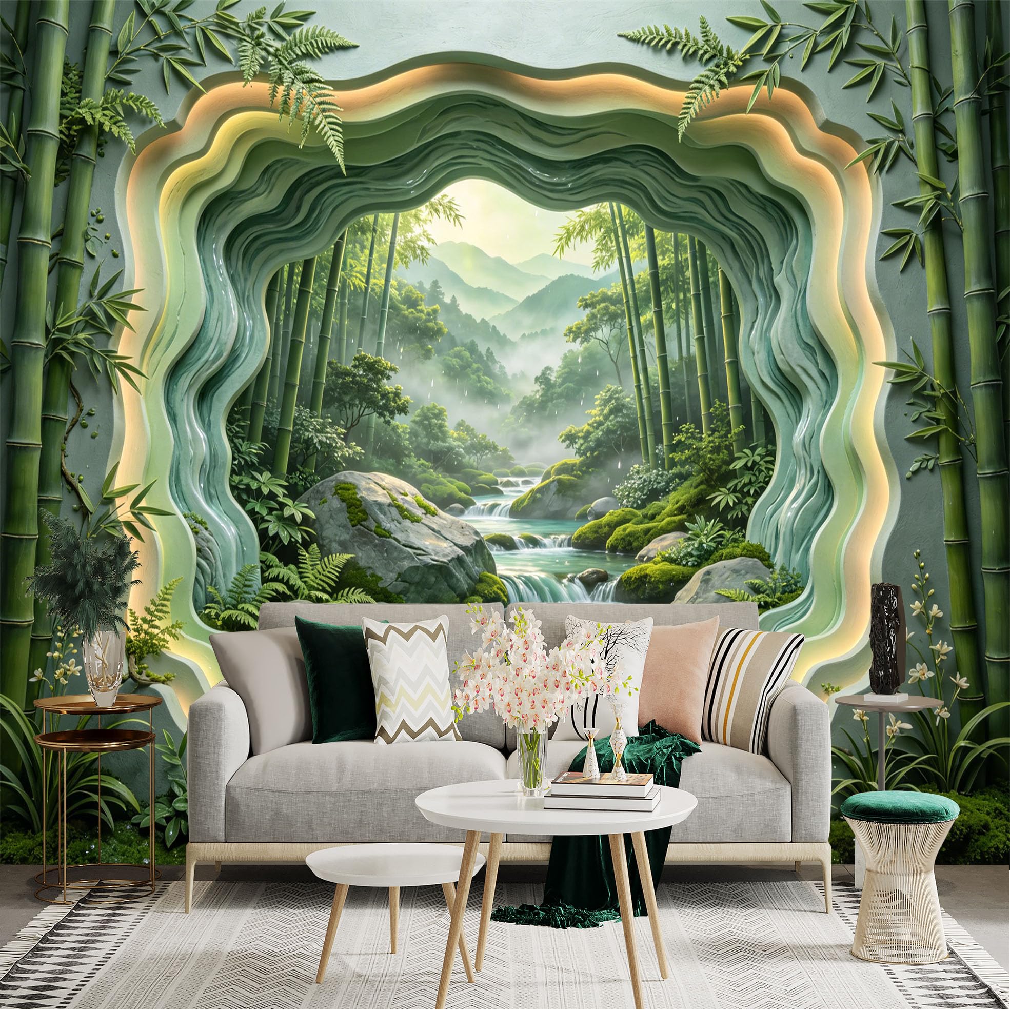 Custom Size Wall Sticker Mural， Bamboo Forest with Waterfall and Misty Mountains， for wall Decoration， peelandstick wall Decals.