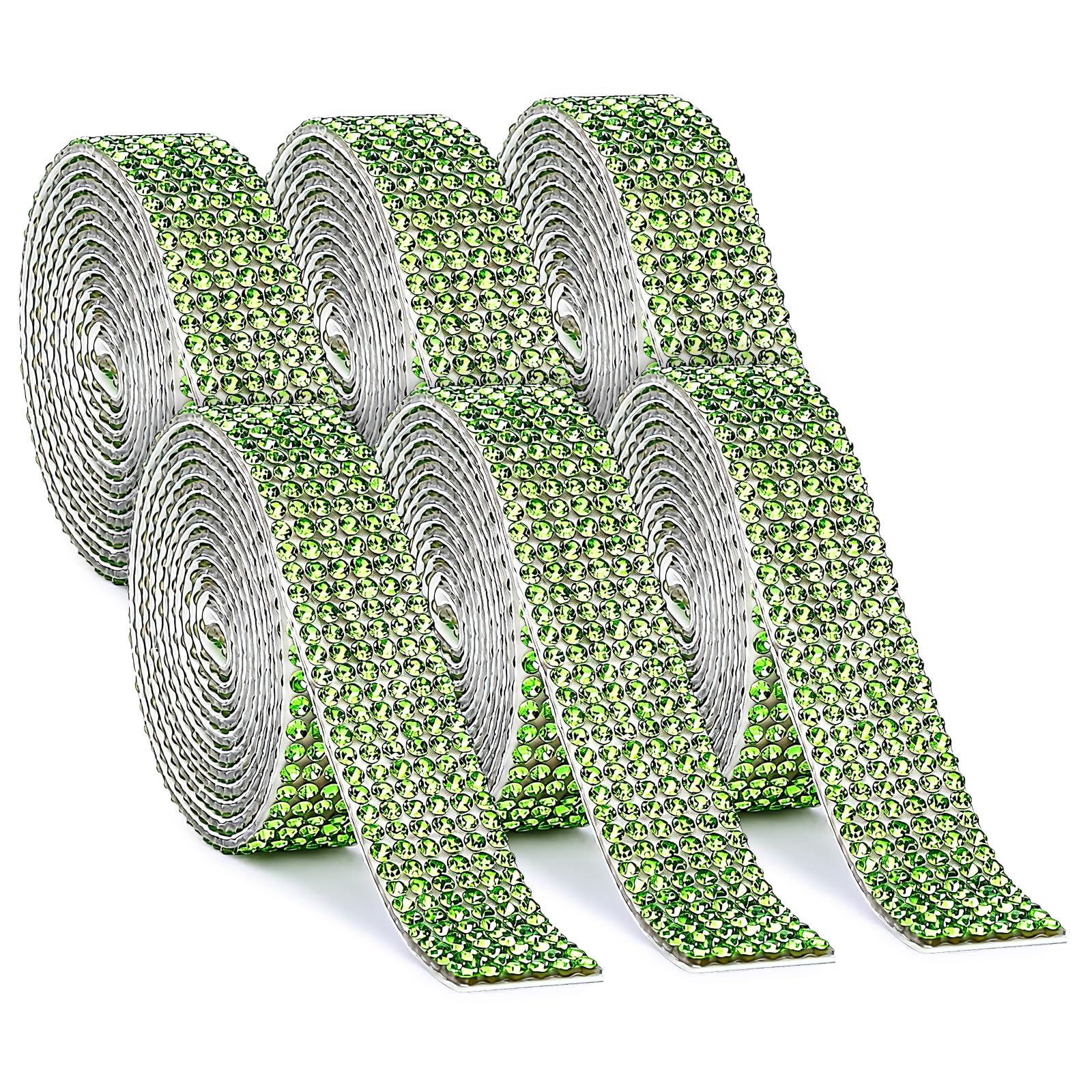 Koythin 6 Rolls Self Adhesive Glitter Rhinestone Ribbon, 13.5mm Wide High-Density Crystal Bedazzling Strips for Wedding DIY, Sparkle Diamond Tape for Gift Wrapping, Phone and Home Decor (Light Green)