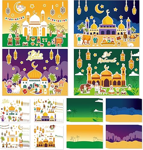 COcnny Kit de manualidades de Eid Mubarak de 48 piezas, calcomanías de escena de mezquita para niños, haz tu propia calcomanía de escena de Ramadán