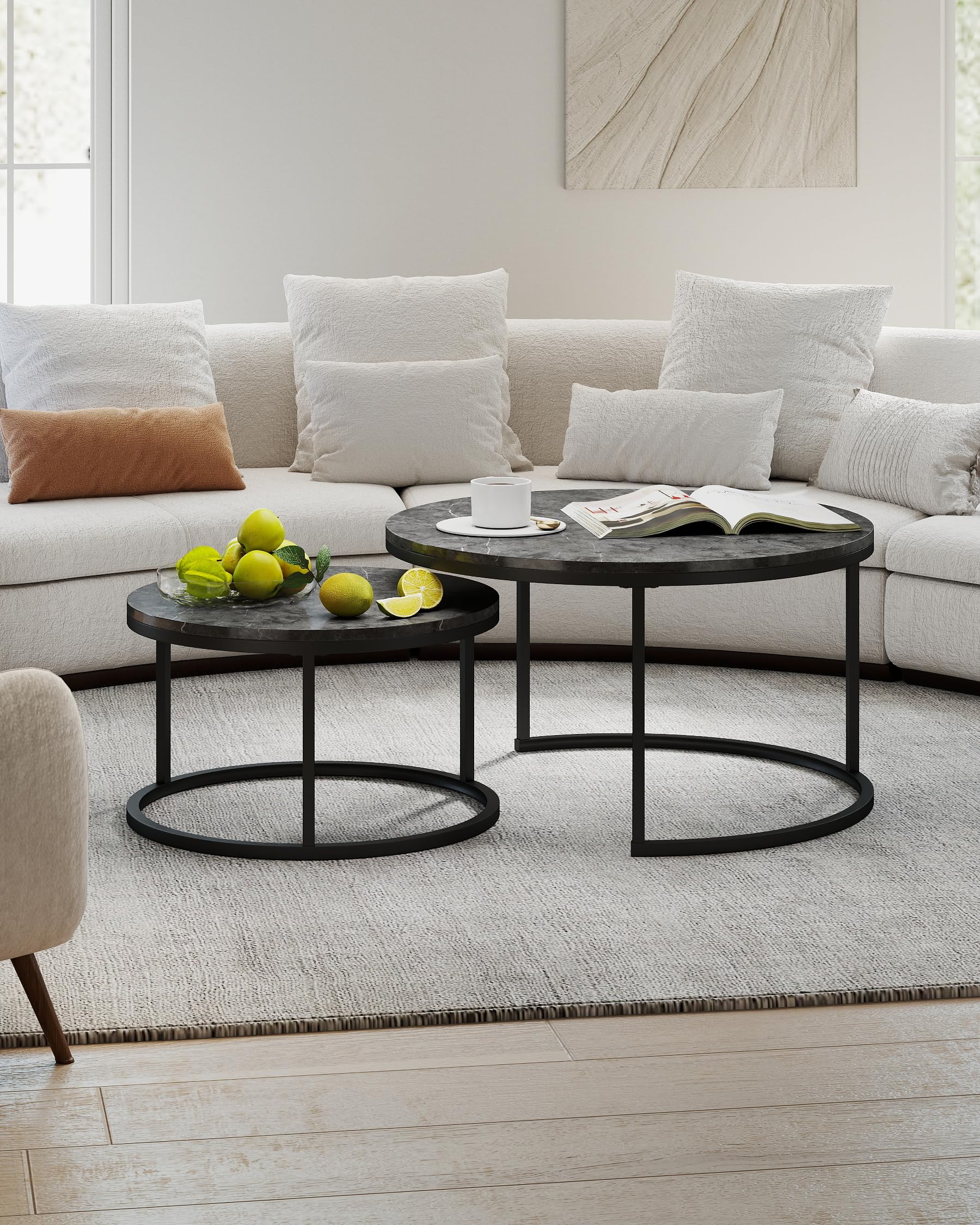 Mesa de Centro Redonda Moderna 2 Piezas 80+60 cm, Mesas Auxiliares para Salón Efecto Mármol Gris y Estructura Metálica Gris Mesa Centro Salon Elegante para Muebles de Salón