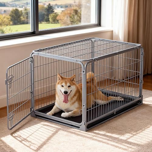 Miniatura 5 de Jaula plegable para perros medianos, perrera de metal a prueba de escapes de 36 pulgadas con doble puerta, jaula plegable de fácil montaje con
