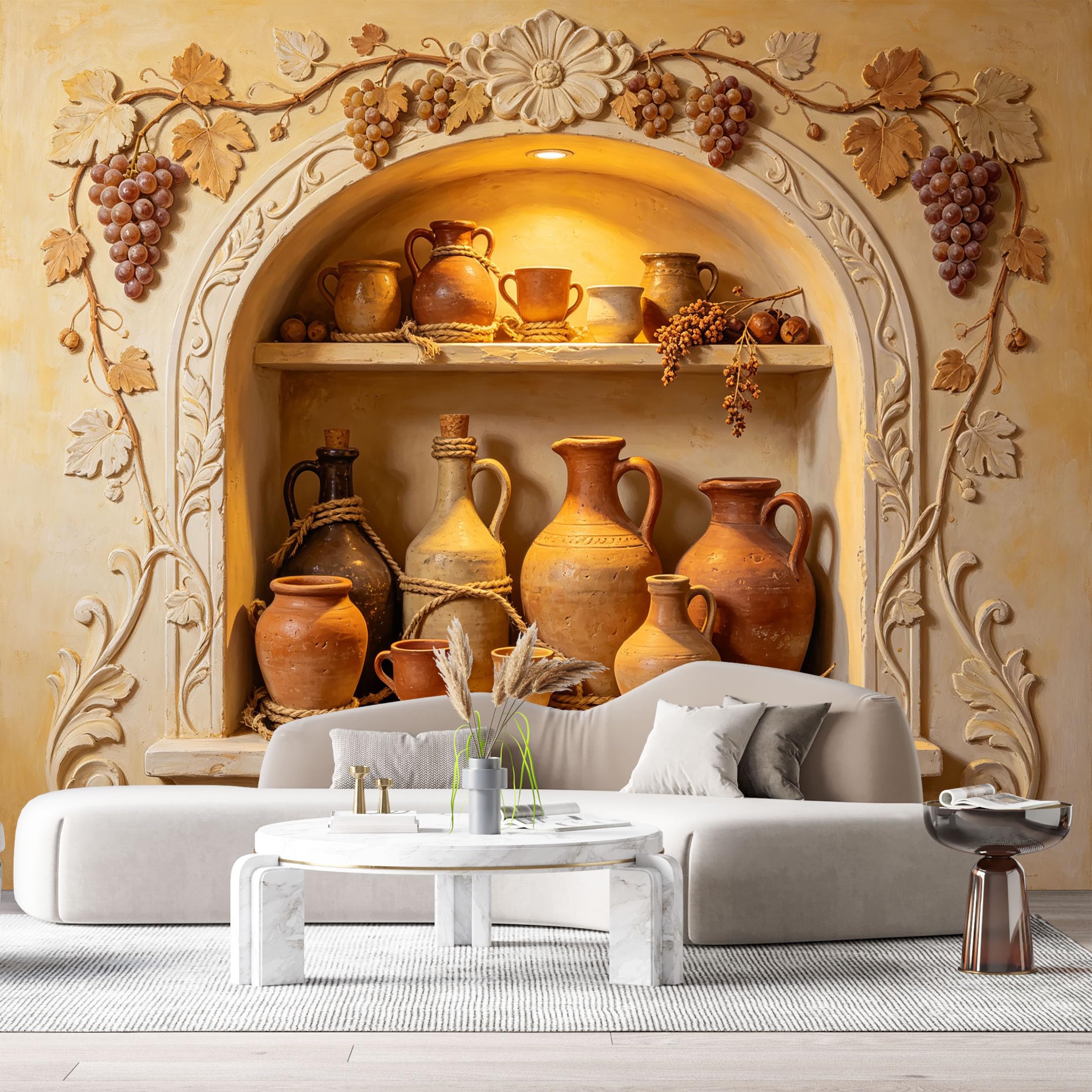 Custom Size Wall Murals Classical Mediterranean Grapevine Terracotta Pottery Amphorae 3D Trompe L'Oeil SelfAdhesiveWall Fabric Removable Wallpaper Wall Decor for Living Room Bedroom Bathroom