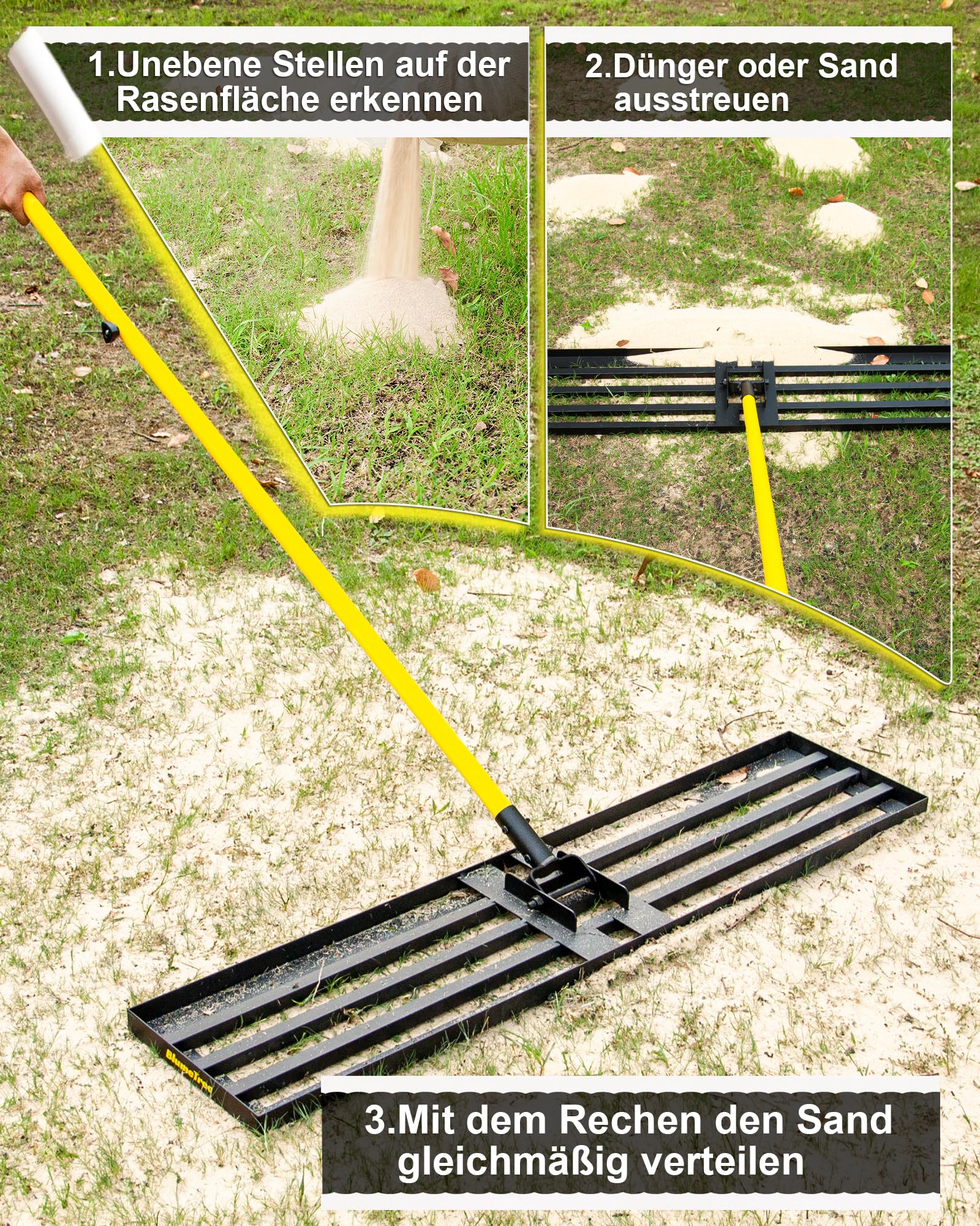 Rasen-Nivellierungsrechen 2,13m 76 x 25cm Stahlgriff Nivellierwerkzeug für Hof Garten Golfplatz