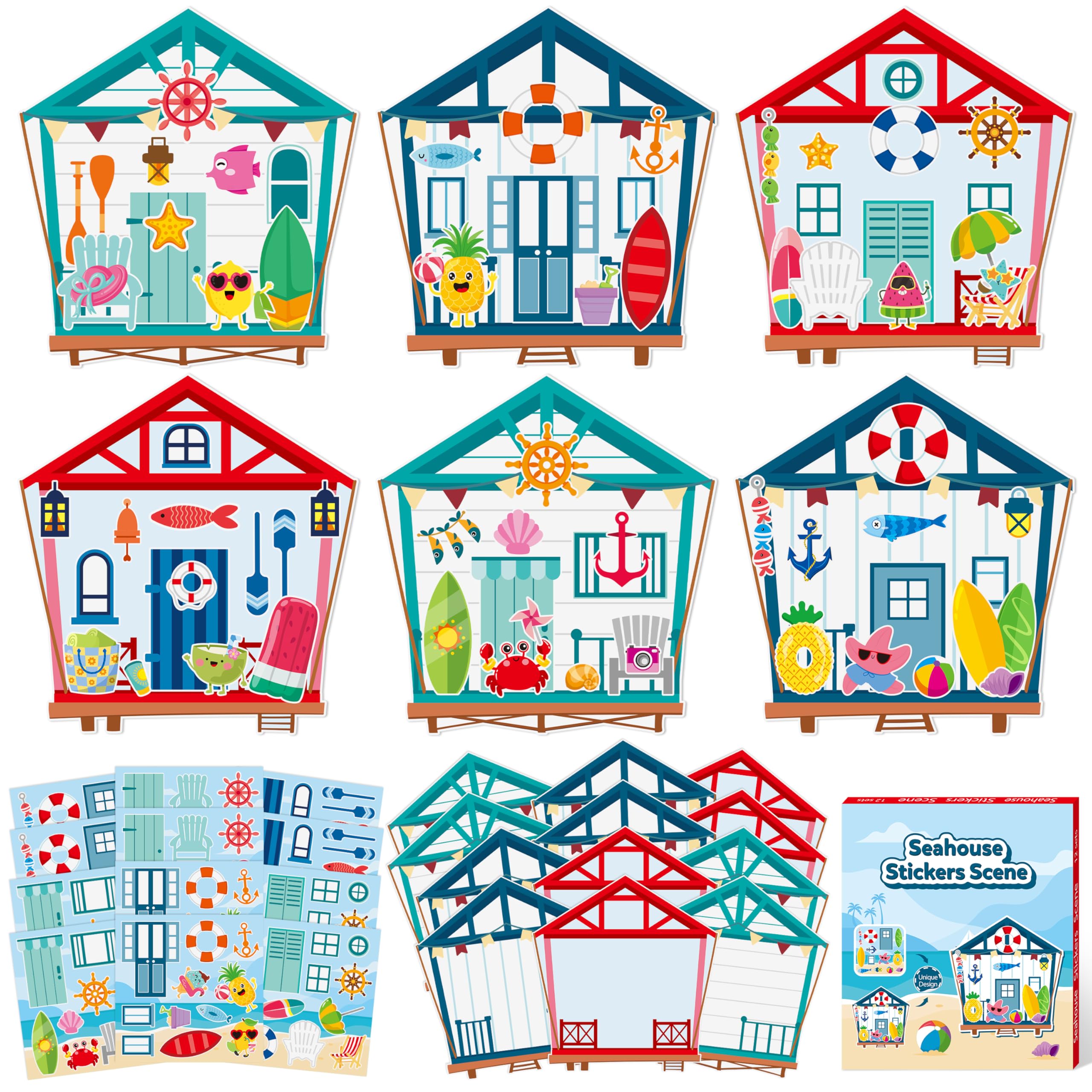 CY2SIDE Summer Seahouse Scene Sticker - 12 Set Hawaiian Luau Sticker Art Craft for Kids School Rewards Make Your Own Starfish Surfboard Ocean House