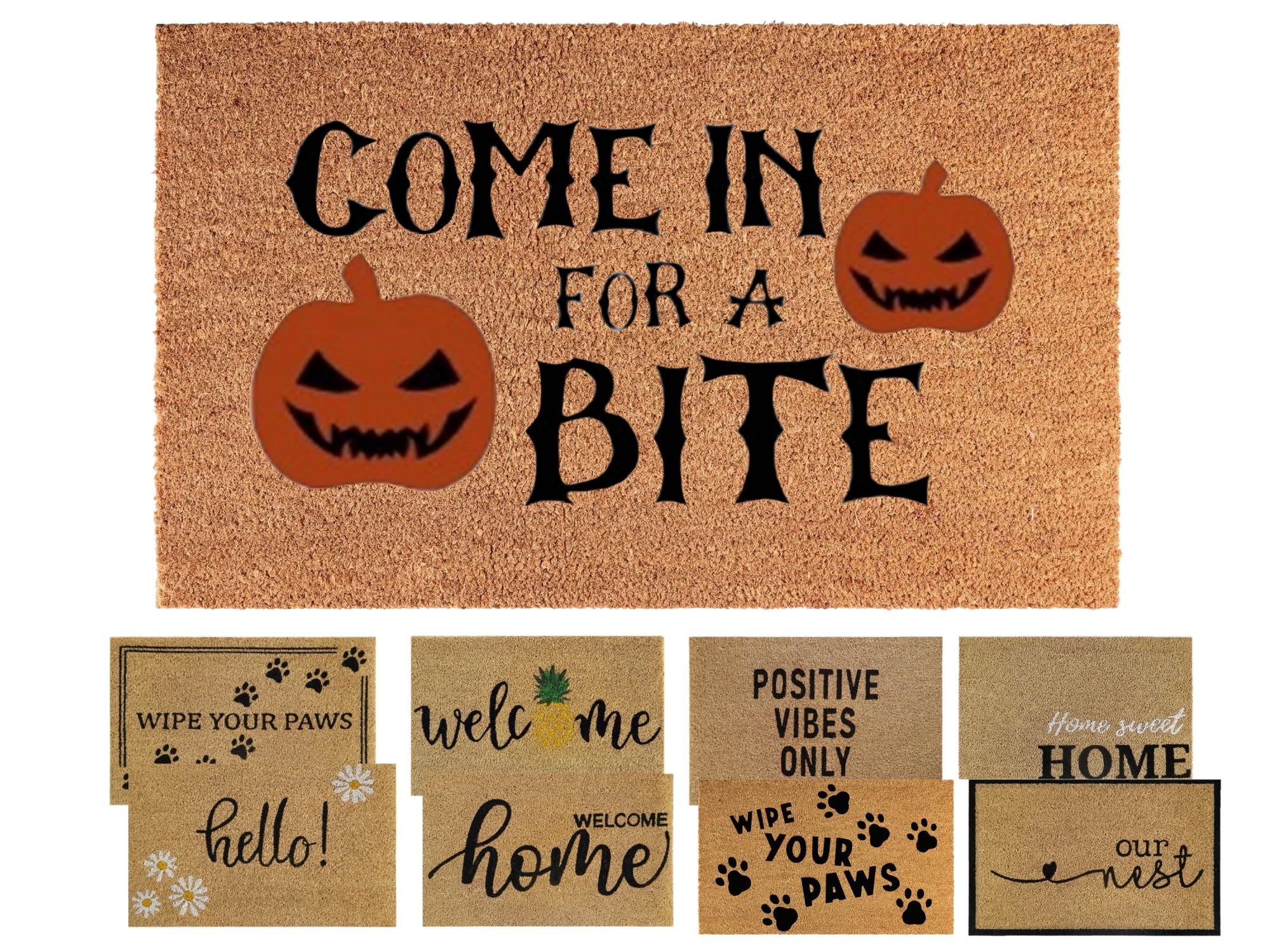 MYPURECORE Coir Door Mat (60x40cm) - Non-Slip & Absorbent, Indoor/Outdoor, Eco-Friendly - Ideal as Front Door, Entrance, Floor, Dirt Trapper, Washable (Come In For A Bite).