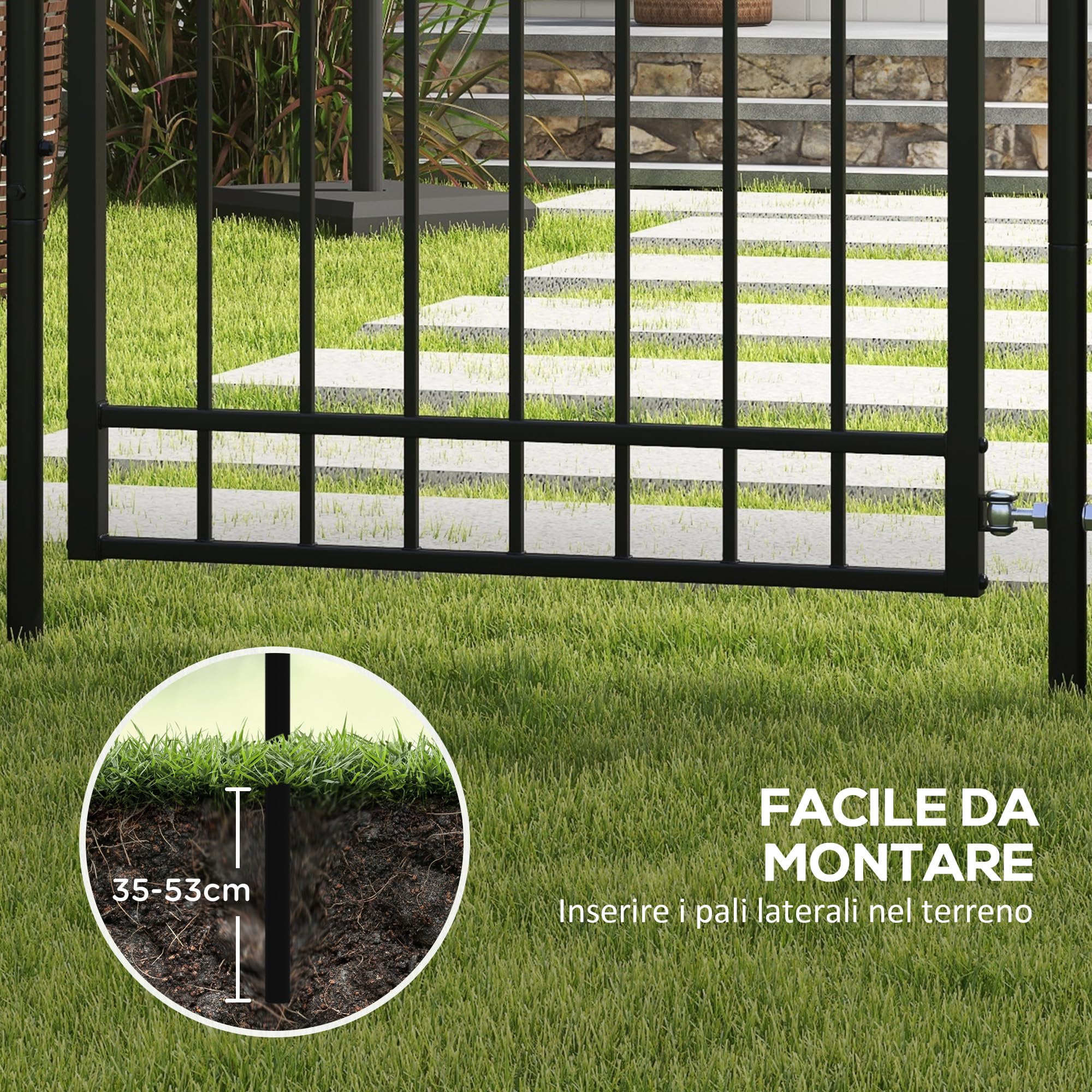 Outsunny Cancelletto da Giardino con Serratura, 3 Chiavi e 2 Paletti da Interrare, Cancello da Esterno in Acciaio Zincato, 107x204 cm, Nero