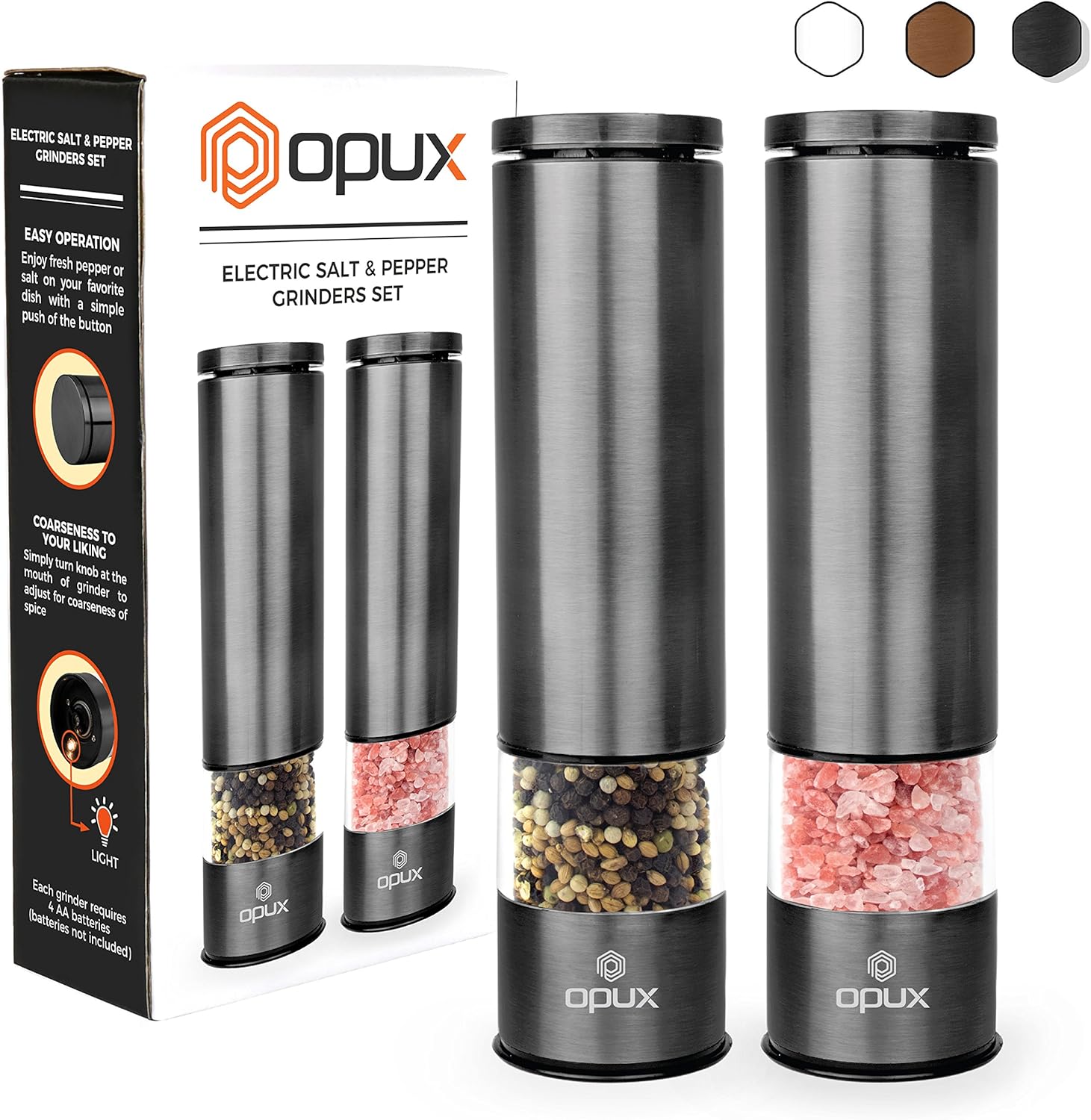OPUX Battery Operated Salt and Pepper Grinder Set Electric Pepper Mill, Automatic
