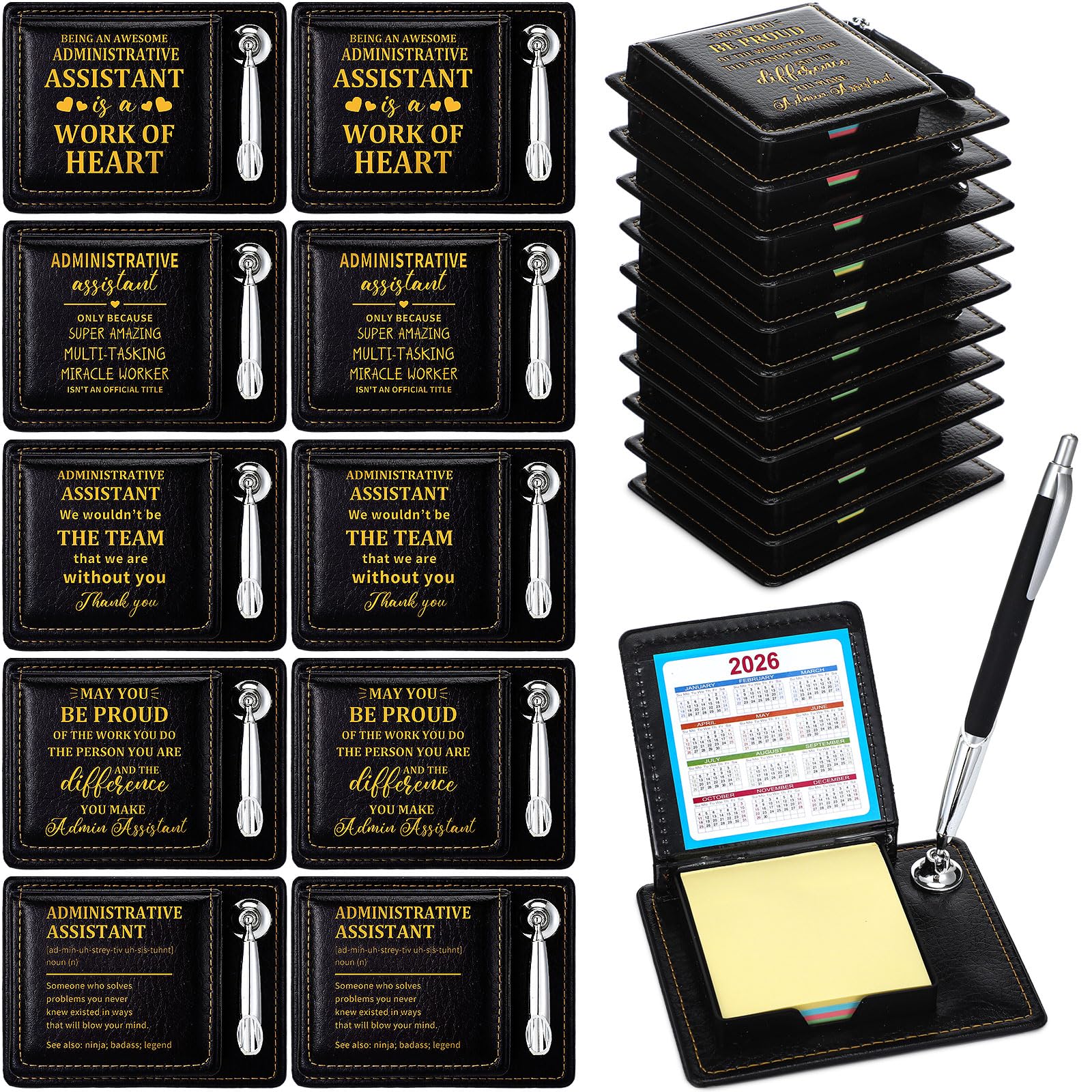 Crtiin 10 Set Administrative Assistant Gifts Secretary Gifts Sticky Note Holders with Sticky Notepads PU Leather Memo Box with Calendar Pen Holder Secretary Admin Professional Day Gift for Office Desk