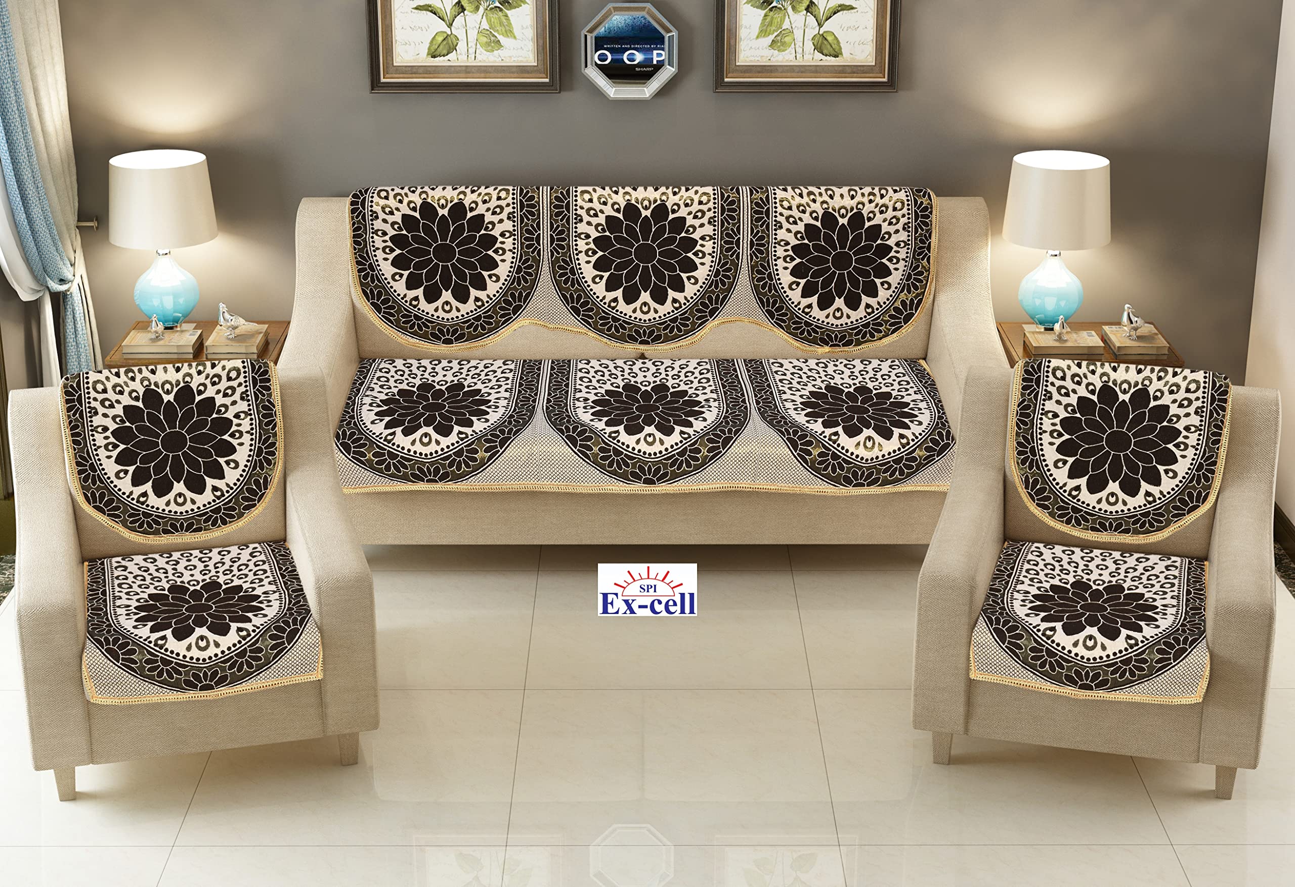 Excell loomtex Presents Exclusive Royal Look Velvet Sofa Cover Set of Heavy Fabric 500 TC Floral Design 5 Seater Sofa Cover -| Set of 10 Piece |-picture-16