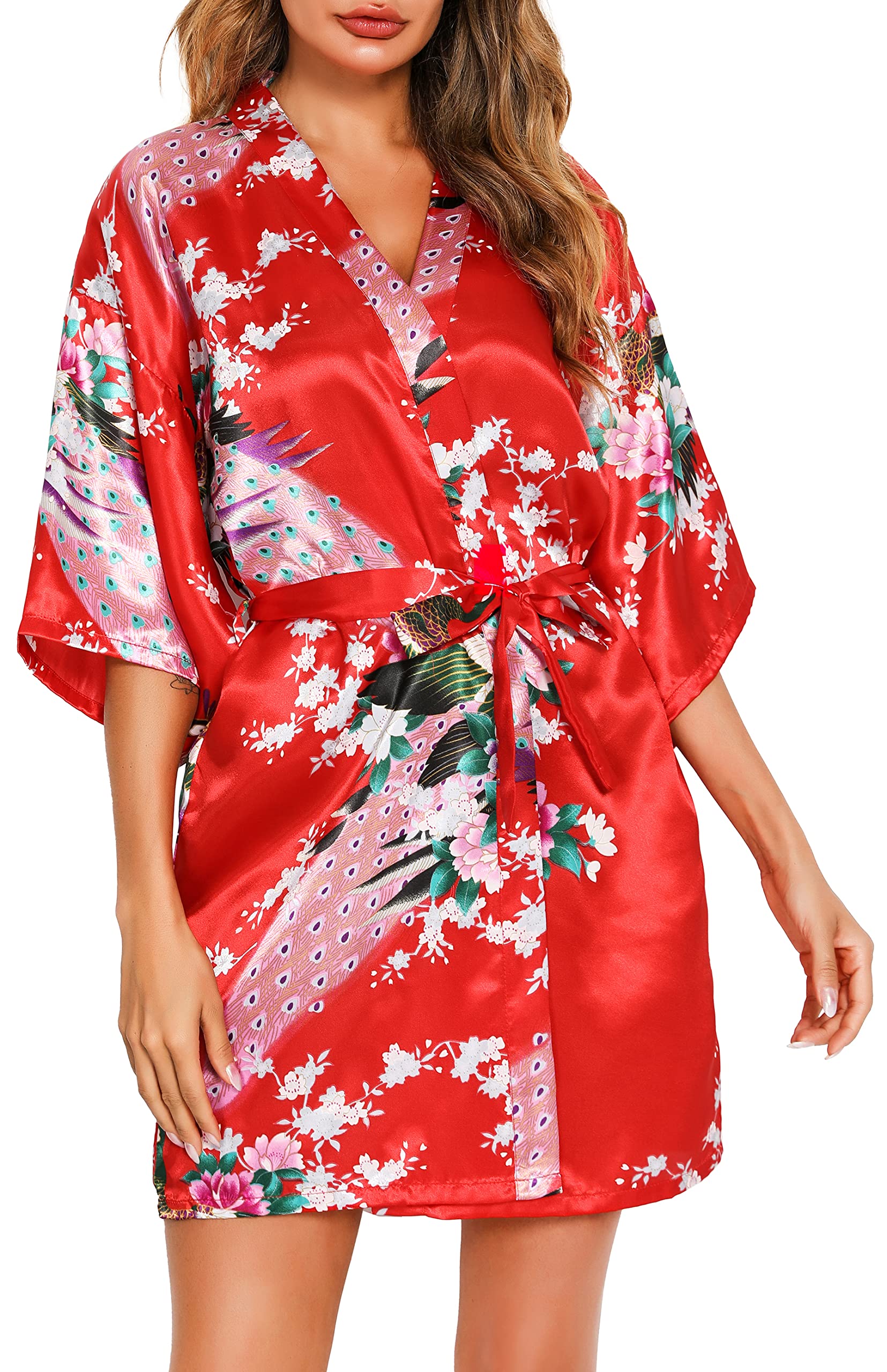 Vlazom Kimono Mujer Vestir Corto de Satén, Bata Seda Mujer de Cuello en V con Estampado Floral y de Pavo Real, Batas Novia y Dama de Honor de Manga 3/4 con Cinturón,S-XXL
