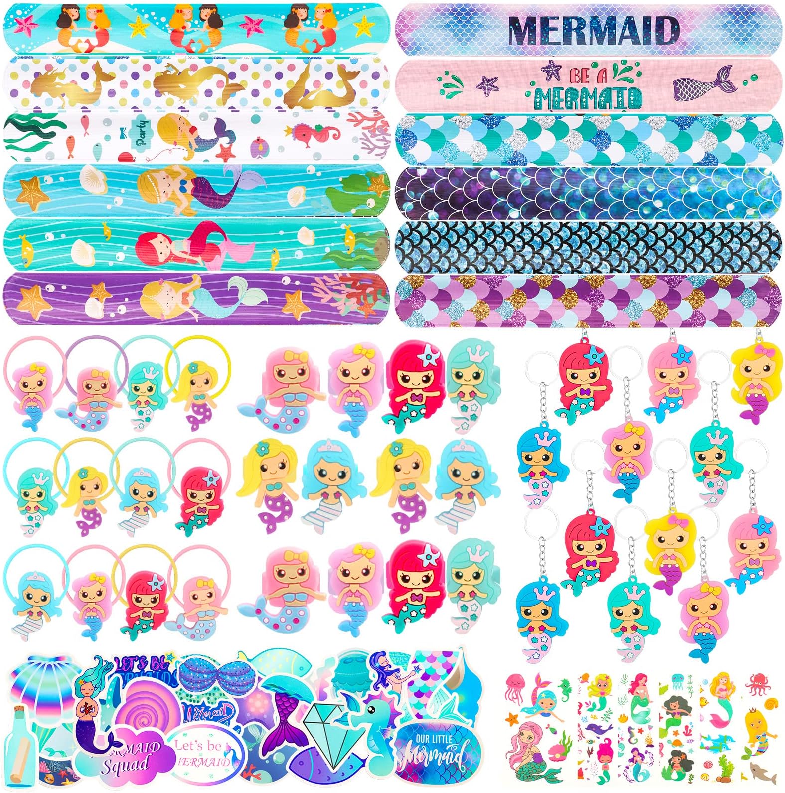 REMEL 96PCs Mermaid Party Favors Mermaid Slap Bracelets Rings Keychain Mermaid Hair Rings Temporary Tattoos Stickers for Kids Birthday Party Supplies Mermaid Goodie Bag Fillers