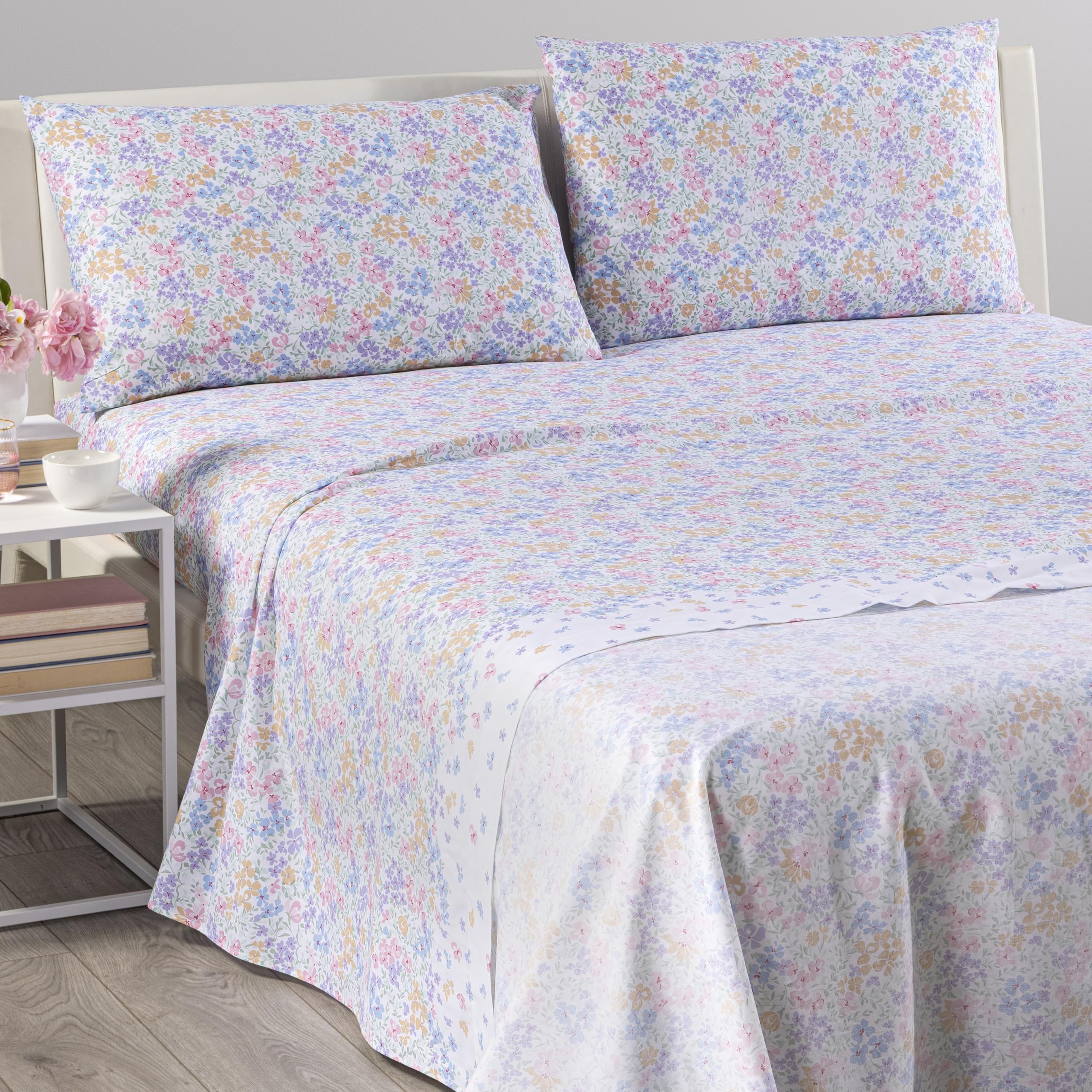 Caleffi Completo Letto Matrimoniale 100% Cotone Morbido - Lenzuolo Sotto con Angoli 180x200x25 cm, Lenzuolo Sopra 240x280 cm, 2 Federe 50x80 cm (Flower Rose)