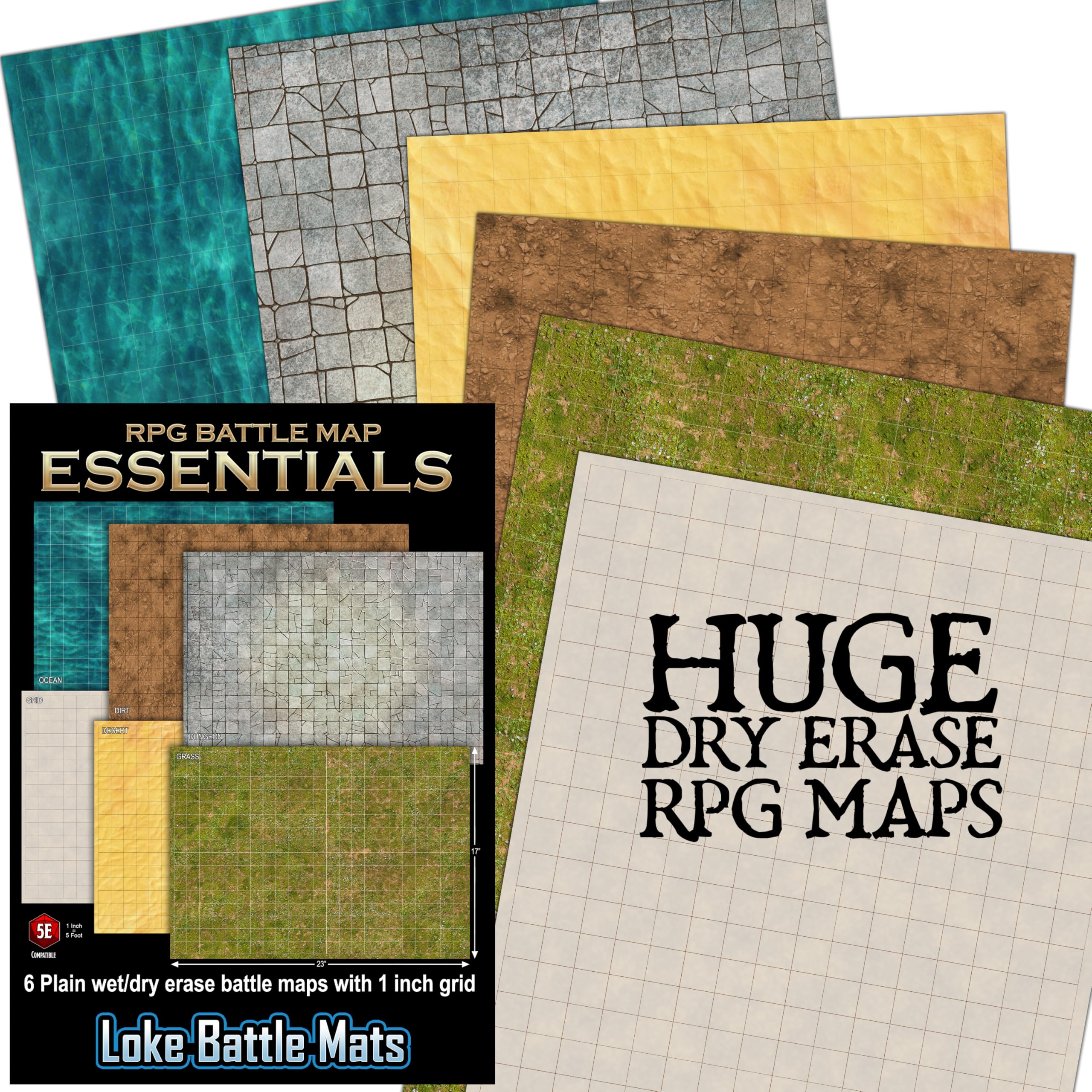 Loke BattleMats Essential RPG Battle Maps Starter Set, RPG Accessories, 6 Dry Erase Battle Maps, 3 Double Sided Fold-Out Sheets