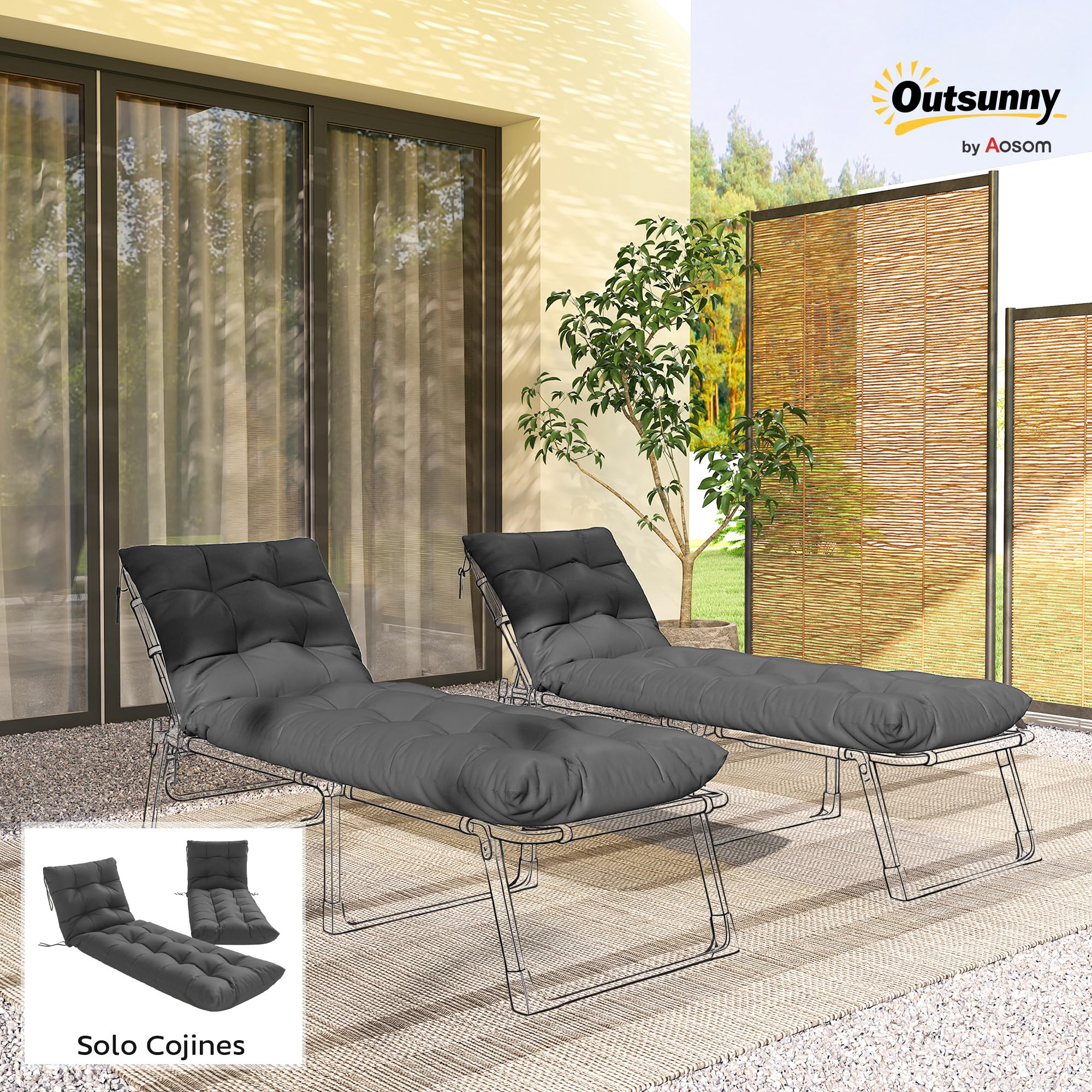 Outsunny Juego de 2 Cojines para Tumbonas, 180x55 cm, Cojines para Tumbonas de Exterior Gruesas, UPF30+, Almohadillas de Repuesto para Tumbonas con 4 Cintas, Gris Oscuro — view 2