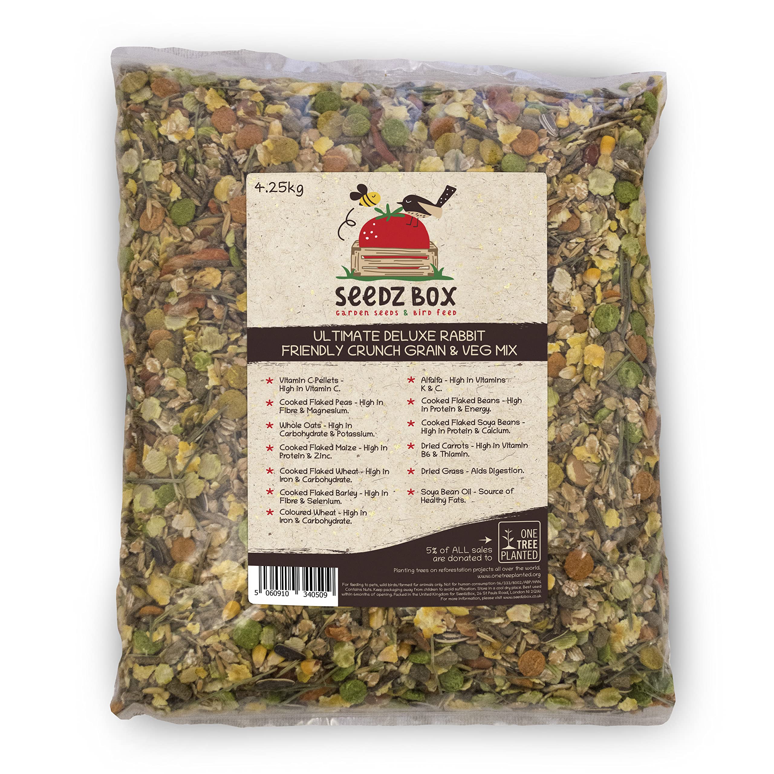 Rabbit Food 4.25kg - Crunch Grain and Vegetable Feed Mix - SeedzBox Rabbit Food - Natural Feed For Bunnies - Dried Grass Oats and Carrots - High in Fibre and Healthy Fats