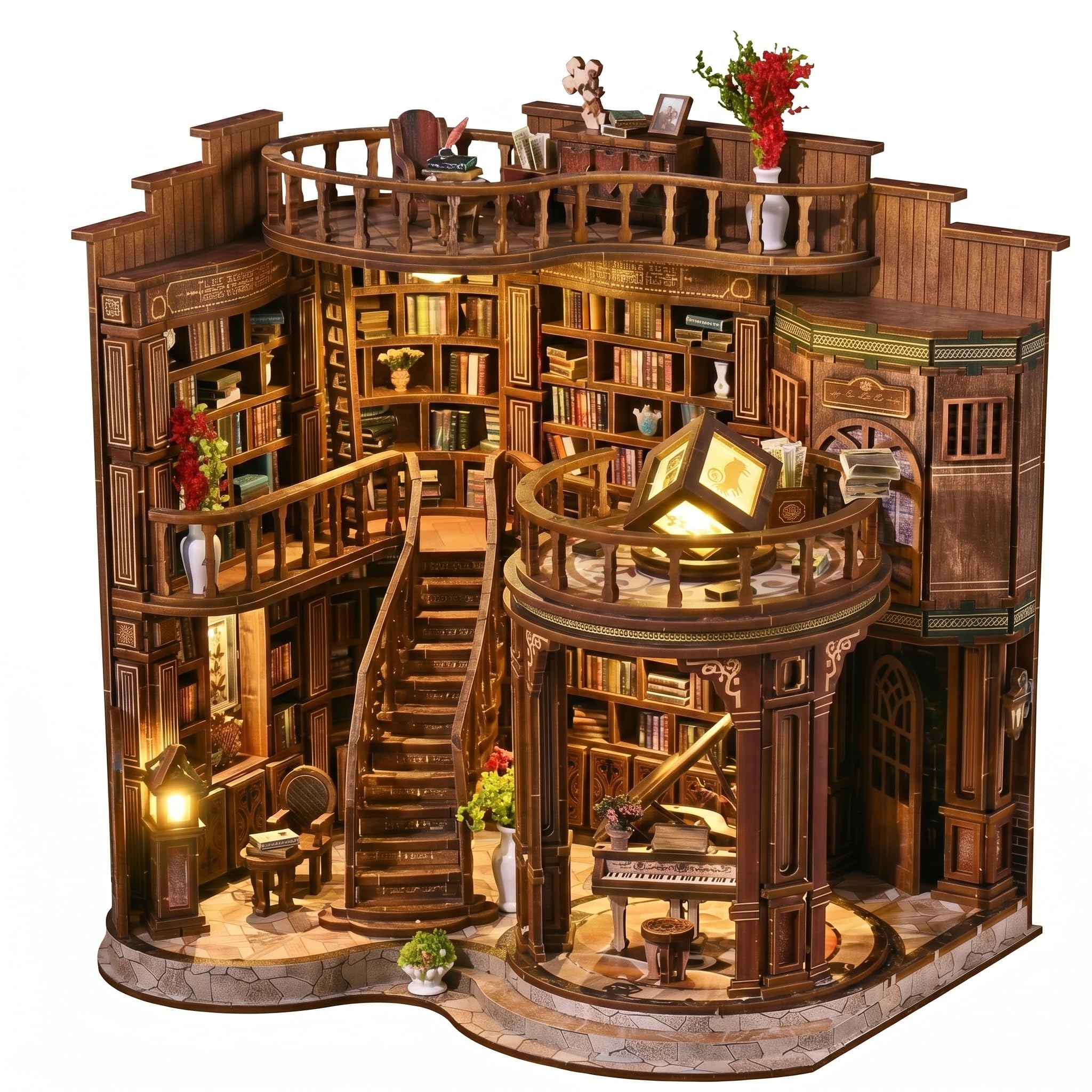 Teoryieer Book Nook Kit for Adults - Wooden DIY Dollhouse Miniature House Kit With LED Light | Creative Bookshelf Decoration Set Wooden 3D Puzzles for Book Lovers (Qimeng Book Pavilion)