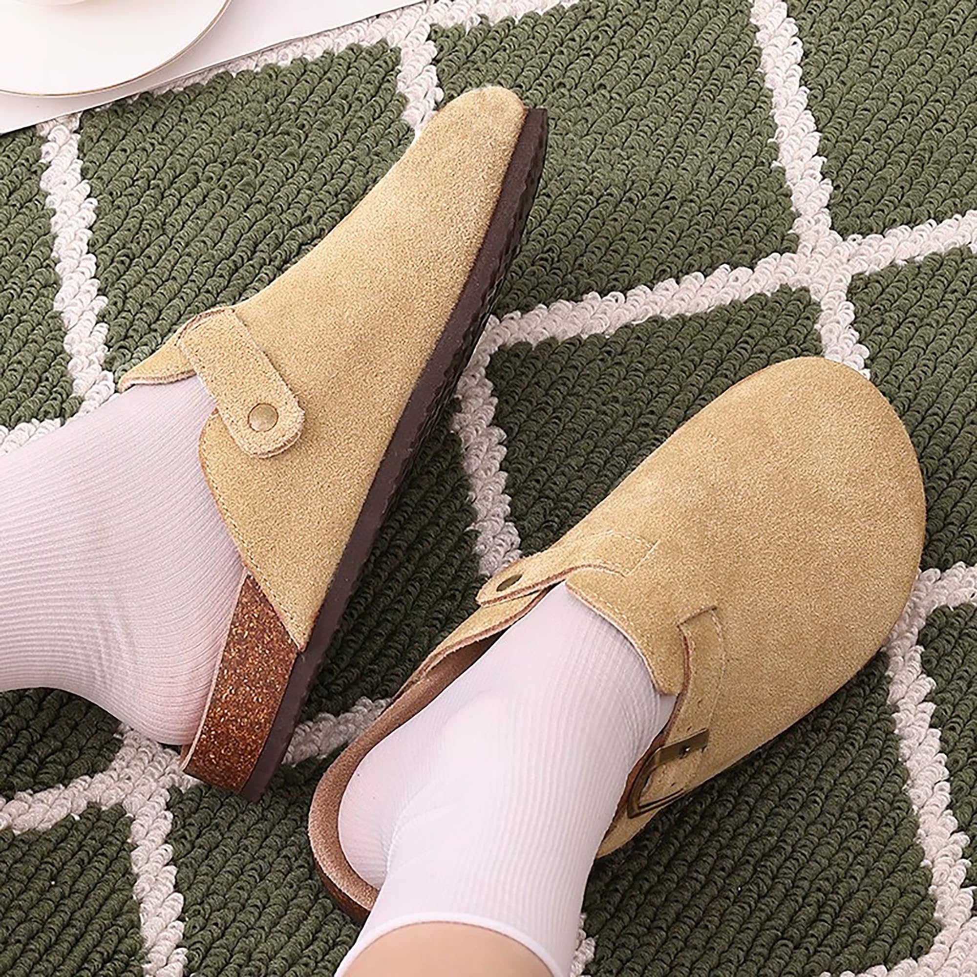 TANTOMI Damen Hausschuhe, Wildleder Unisex Clogs, Rutschfeste Hausschuhe Damen Herren leder mit Fußgewölbeunterstützung, Gartenschuhe Pantoletten Damen mit Weiches Kork Fußbett, Gr.36-42 EU