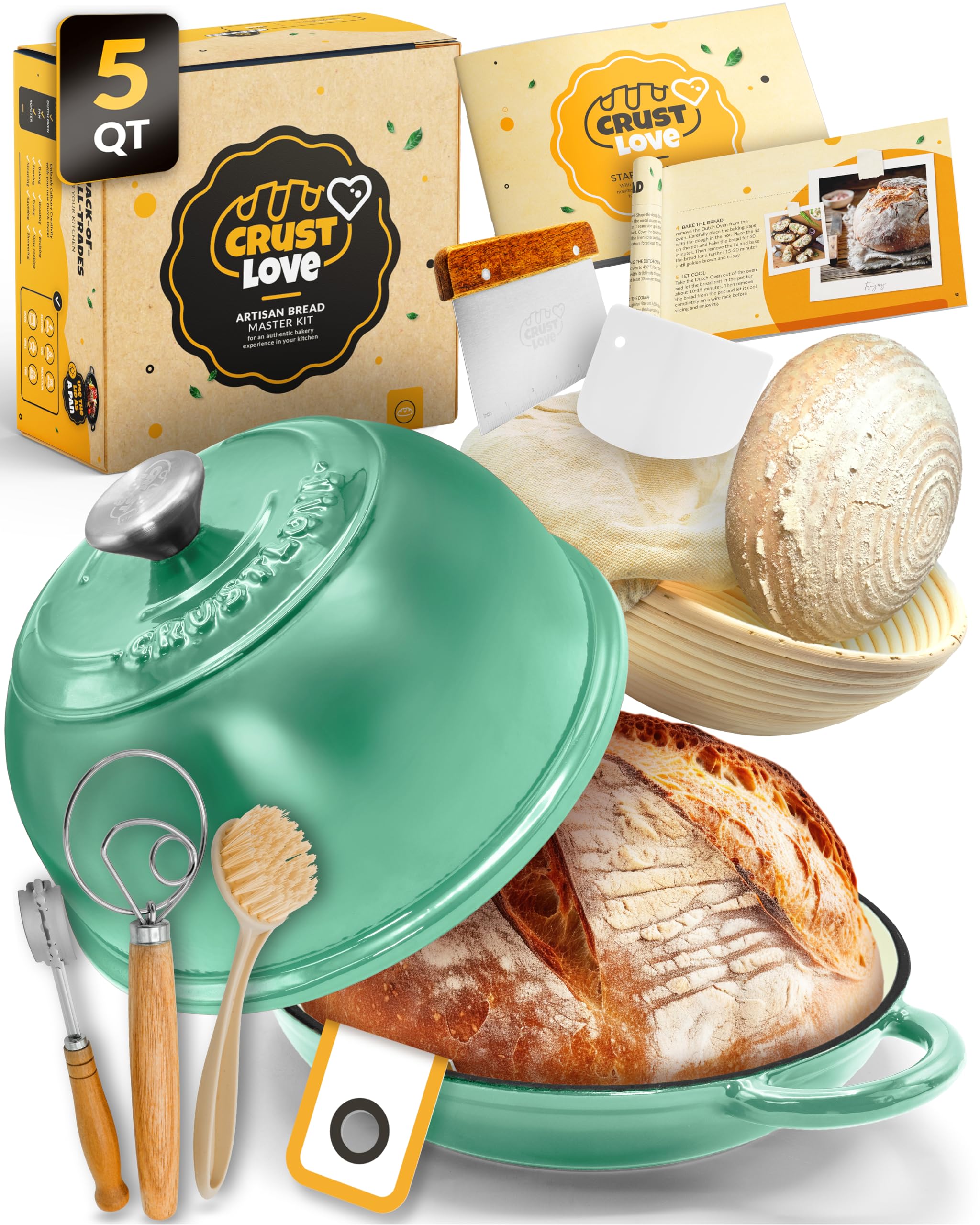 Dutch Oven Bread Baking - 5QT Enamel Bread-Oven - incl Sourdough Bread-Baking Suppliers like Dough Whisk Scoring Lame etc Bread-Dome Cast Iron Bread-Pan with Lid for Sour dough, Bread-making