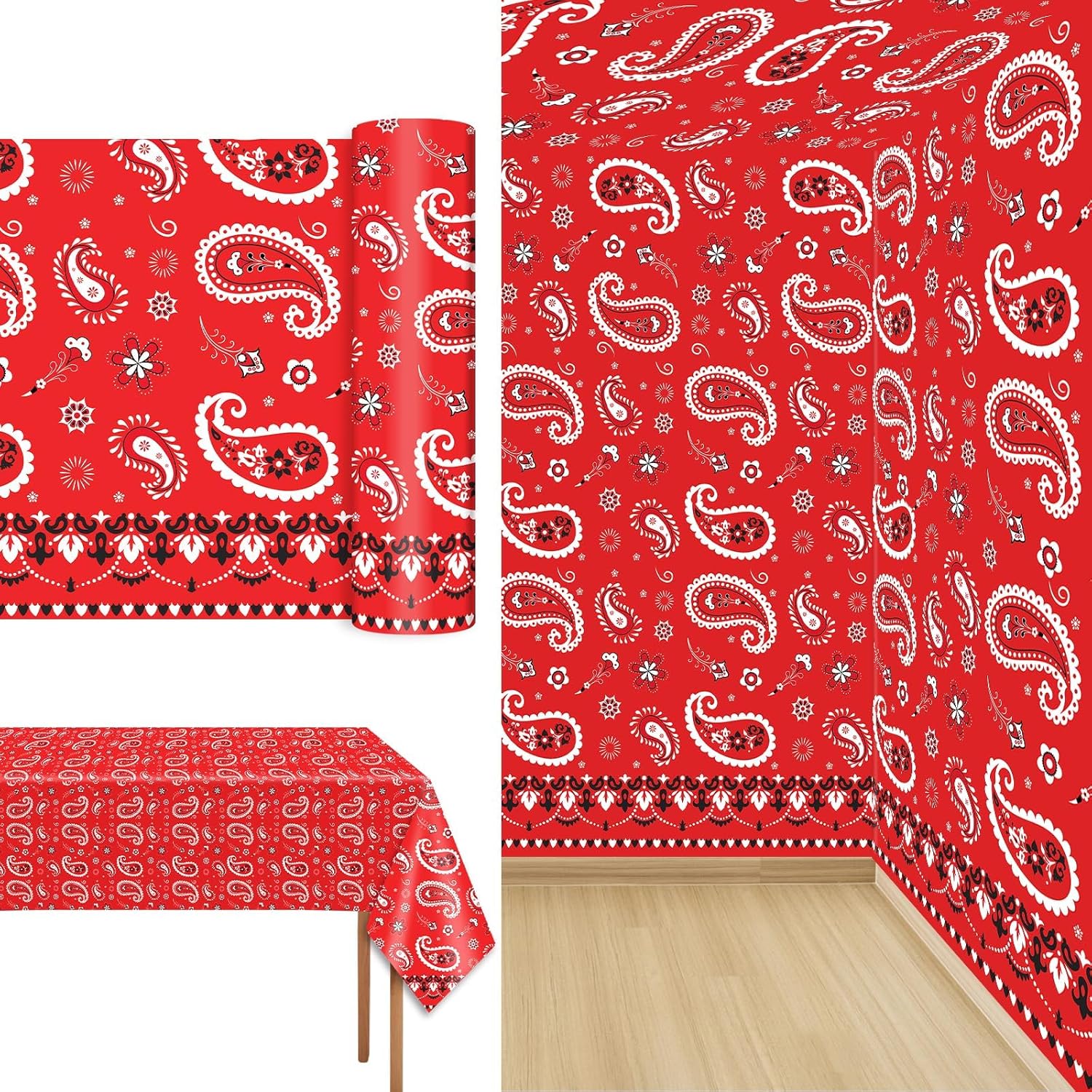 party greeting Western Party Tablecloth Roll 51in x 100ft Red Bandana Table Cover Paisley Floral Plastic Disposable Table Cloth Western Cowboy Theme Birthday Wild West Party Decorations