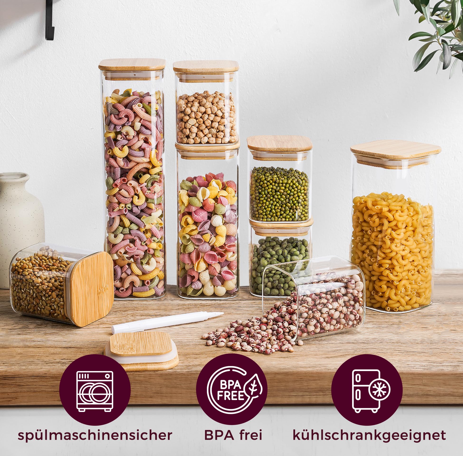Premium Vorratsgläser eckig [400 & 920 ml] Extra Robust | Vorratsdosen Glas mit Deckel | Vorratsbehälter | Vorratsgläser mit Deckel luftdicht | Vorratsglas mit Holzdeckel | Glass Jars