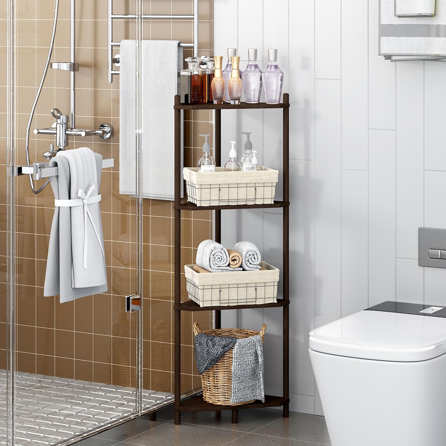 Corner Shelf Stand - 4 Tier Bamboo Small Corner Bookshelf for Office Kitchen Bedroom Plant Stand Living Room Decor Small Space (Brown, 4 Tier)