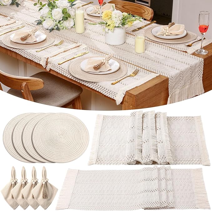 6 Sets Boho Place Mats Set Round Woven Placemats, Cloth Napkins, Wood Bead Napkin Rings, White Table Runner with Tassel and Farmhouse Rustic Placemats Cotton Burlap for Kitchen Table Decor