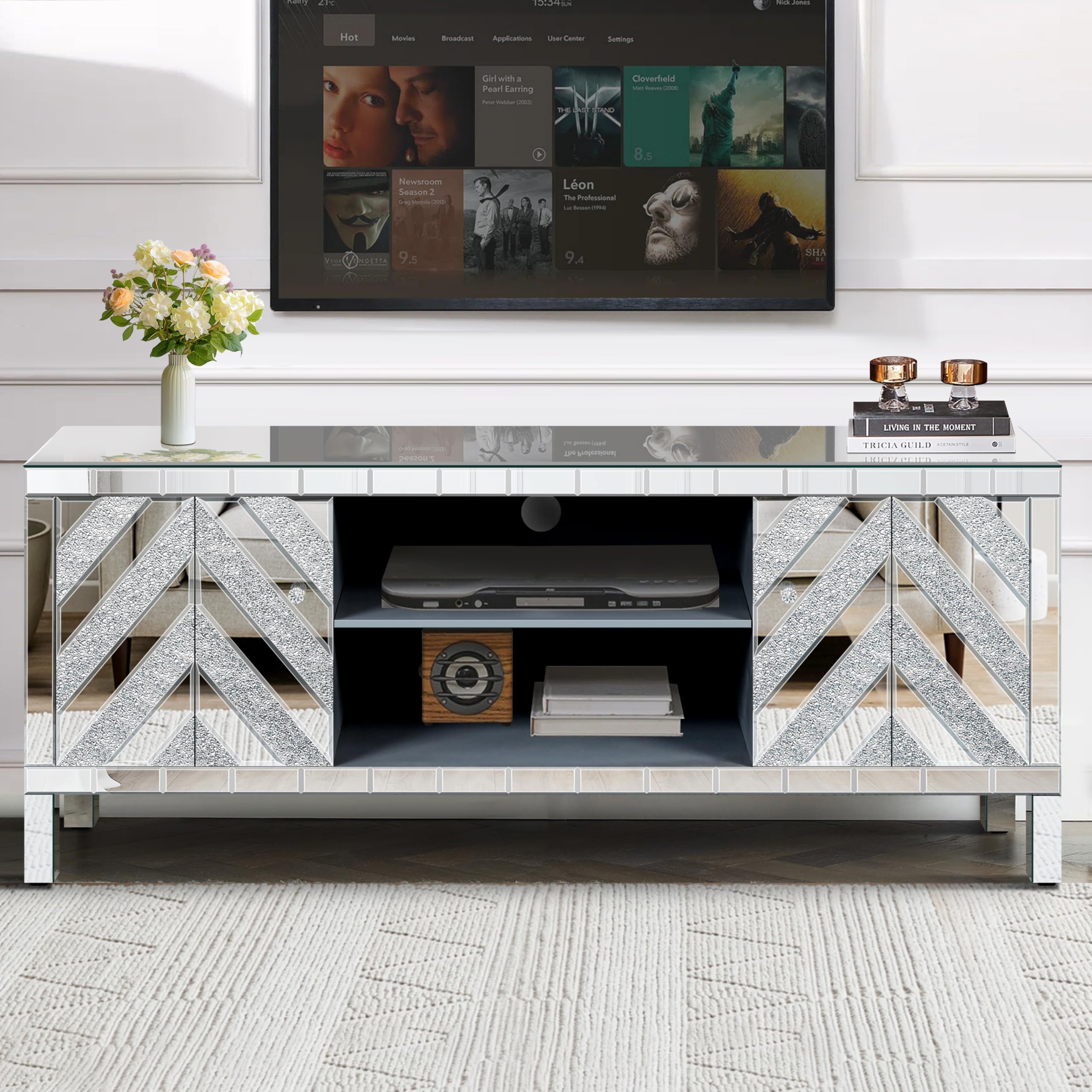 Henf Modern Mirrored TV Stand for 65+ inch TV, Silver TV Console Table with Open Storage & 2 Storage Cabinets, Crystal Mirror Entertainment Center TV