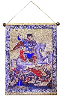 Needzo Saint George Icon Tapestry Wall Hanging 14 Inch, Great Martyr St George on White Horse Dragon, Religious Orthodox Gift Wall Decoration