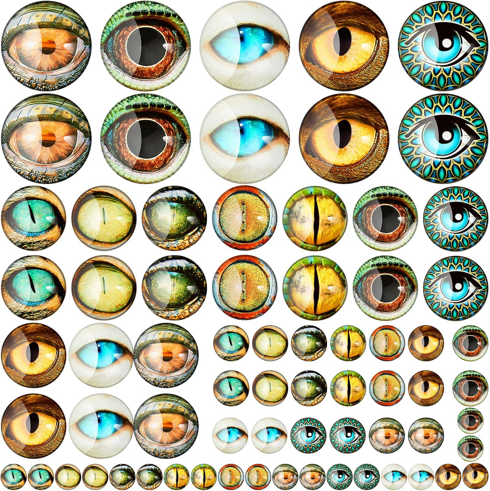 Zomiboo 70 Pcs 40/25/16/8 mm Large Assorted Dragon Glass Eyes Halloween Mixed Printed Cabochon Animal Eyes 4 Sizes Cabochons for Doll Props Craft DIY Jewelry Making Toys Supplies(Modern Style)