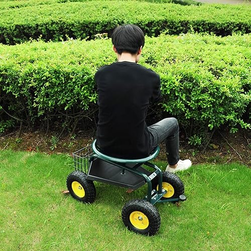 Miniatura 2 de Asiento de trabajo con ruedas orientable, carrito de taburete de jardín con bandeja de herramientas y cesta de almacenamiento, scooter resistente,