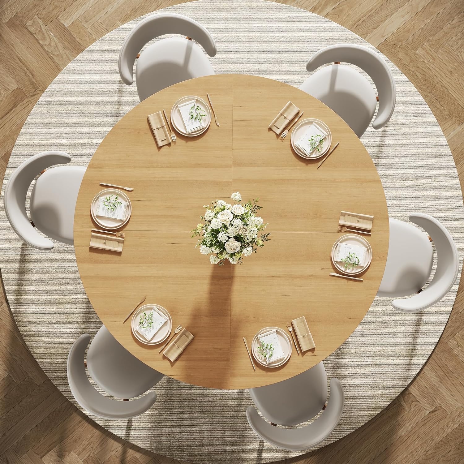 47 Inch Round Dining Table for 4-6 People, Modern Wooden Table with Sturdy Metal Pedestal Base, Easy Assembly, Kitchen & Dining Room Table (Natural Wood)