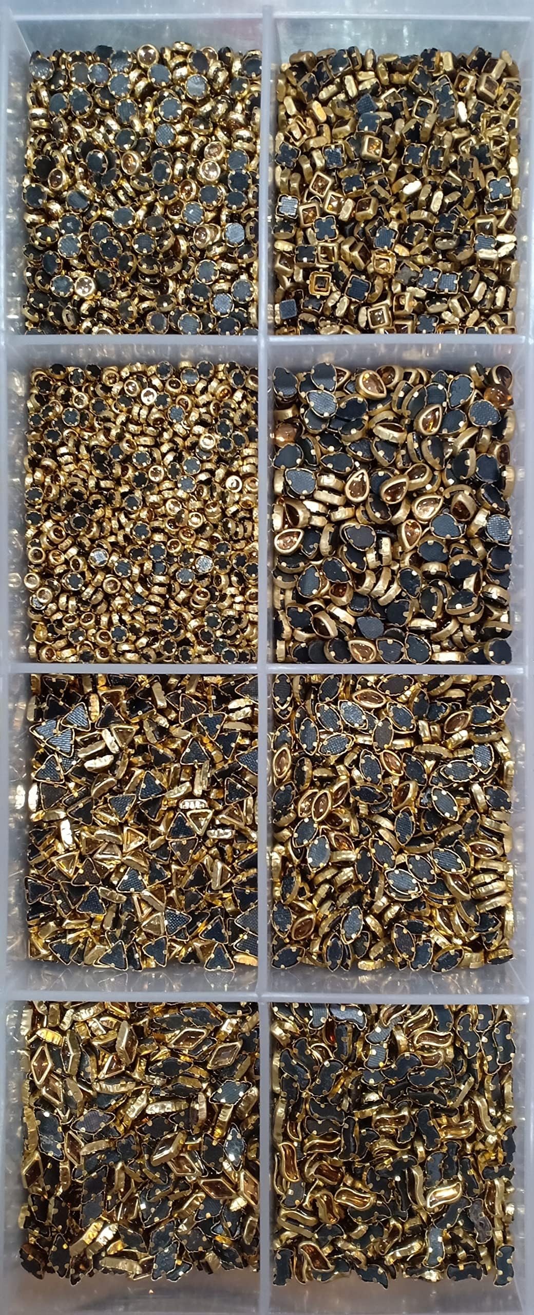 Unikart Kundan Stones Golden Colour 8 Shape Kit 800 Pieces with Storage Box & Fabric Glue for Jewellery Making,DIY Kit, Craft, Decoration, Aari/Maggam Embroidery Work.