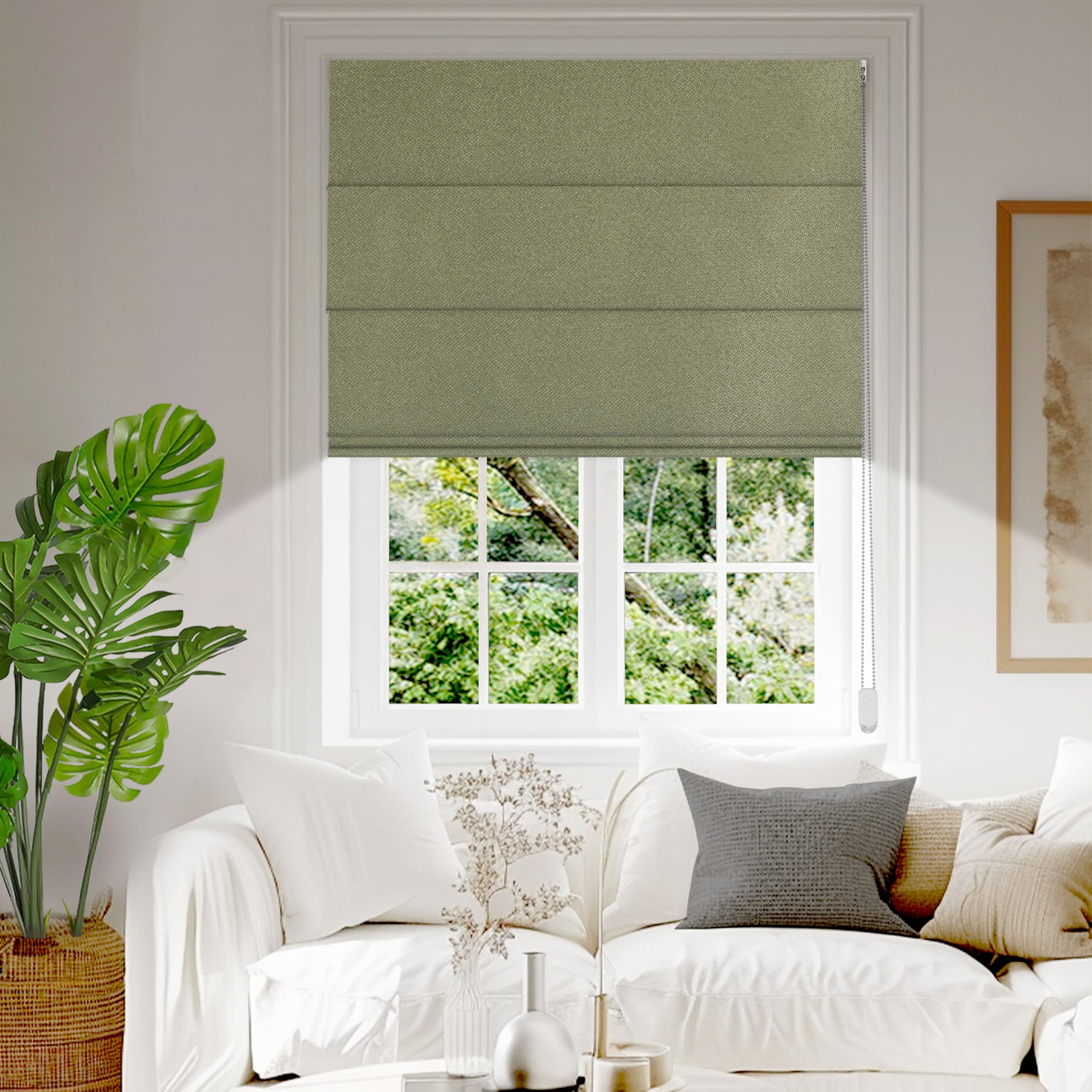 BERISSA Linen Roman Shades for Windows, Blackout Roman Blinds,Room Darkening Thermal Insulated Window Shades for Home Living Room Bedroom,Green,Custom Size