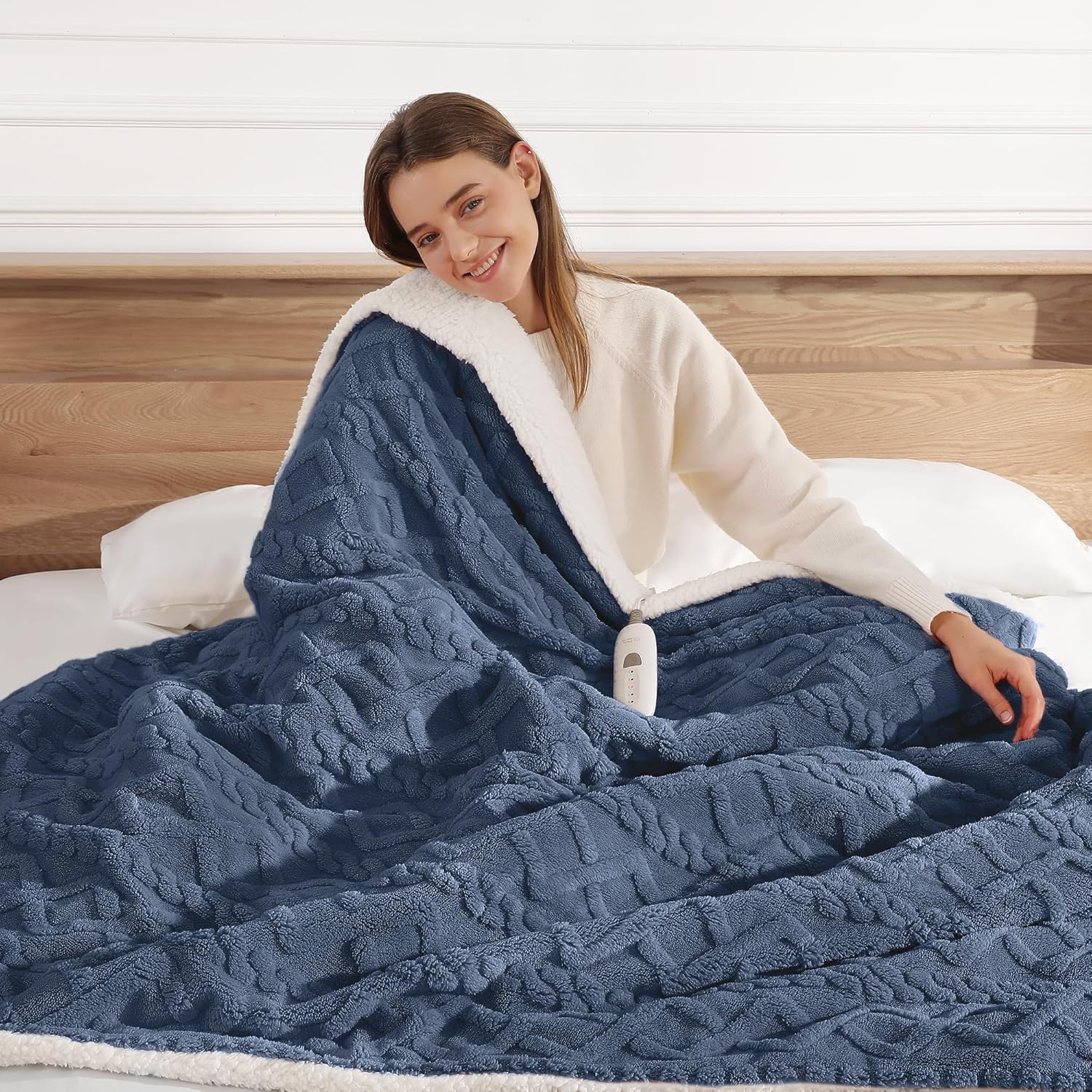 Heated Throw Blanket 50"x60" with 5 Heating Levels & 4 Hours Auto Off, Soft & Plush Sherpa Electric Blanket Throw with ETL & FCC Certification for Home Use, Machine Washable, Great Gift, Navy Blue