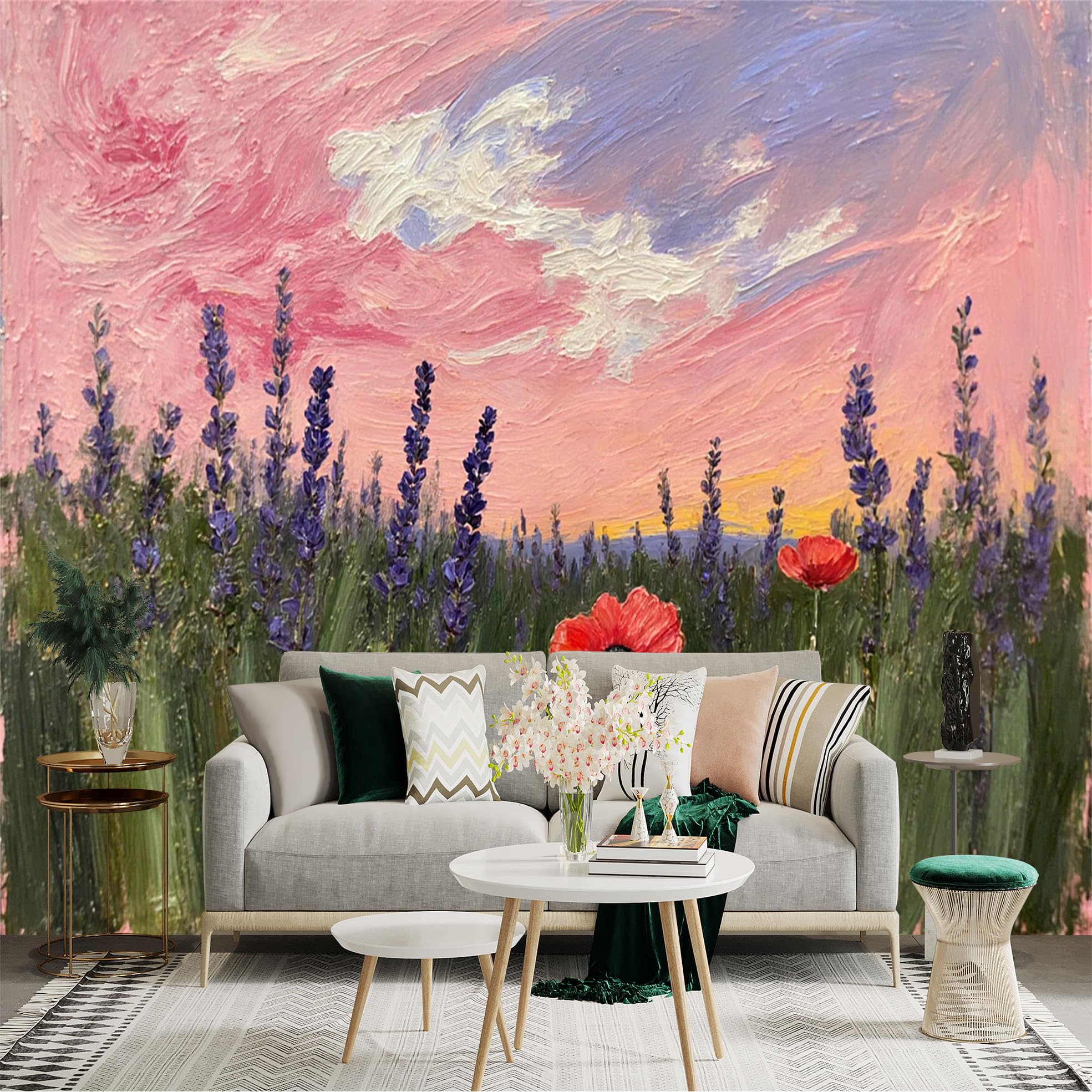 Custom Size Wall Sticker Mural， Impressionist Flower Field， Purple Lavender and Red Wildflowers， Romantic Pink Sunset Sky， for wall Decoration， peelandstick wall Decals.