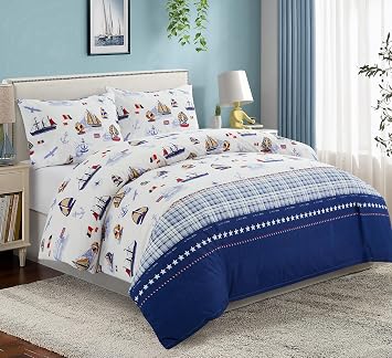 Marina Decoration Kids Boys Toddlers Cute Printed 600 Thread Count Soft Cotton Blend Percale 4 Pieces Duvet Cover Fitted Sheet Ensemble Bedding Set, Nautical Sailing Boat Pattern Queen Size